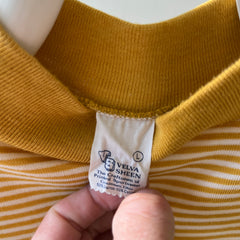 1980s Brooklyn College Mustard Yellow Striped Mock Neck T Shirt