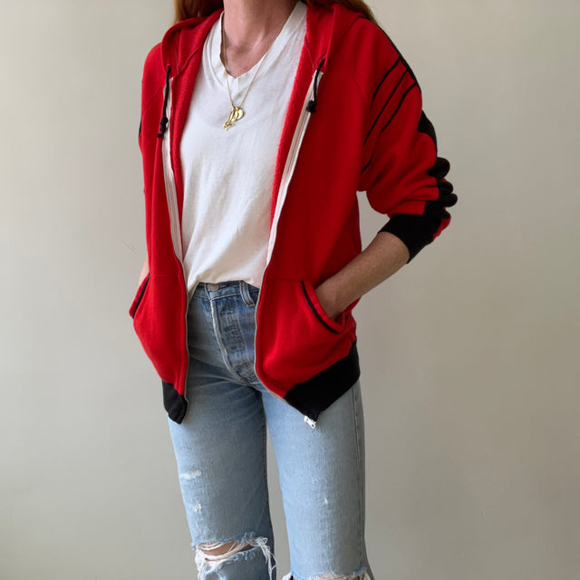 1970s Red and Black Zip Up Hoodie