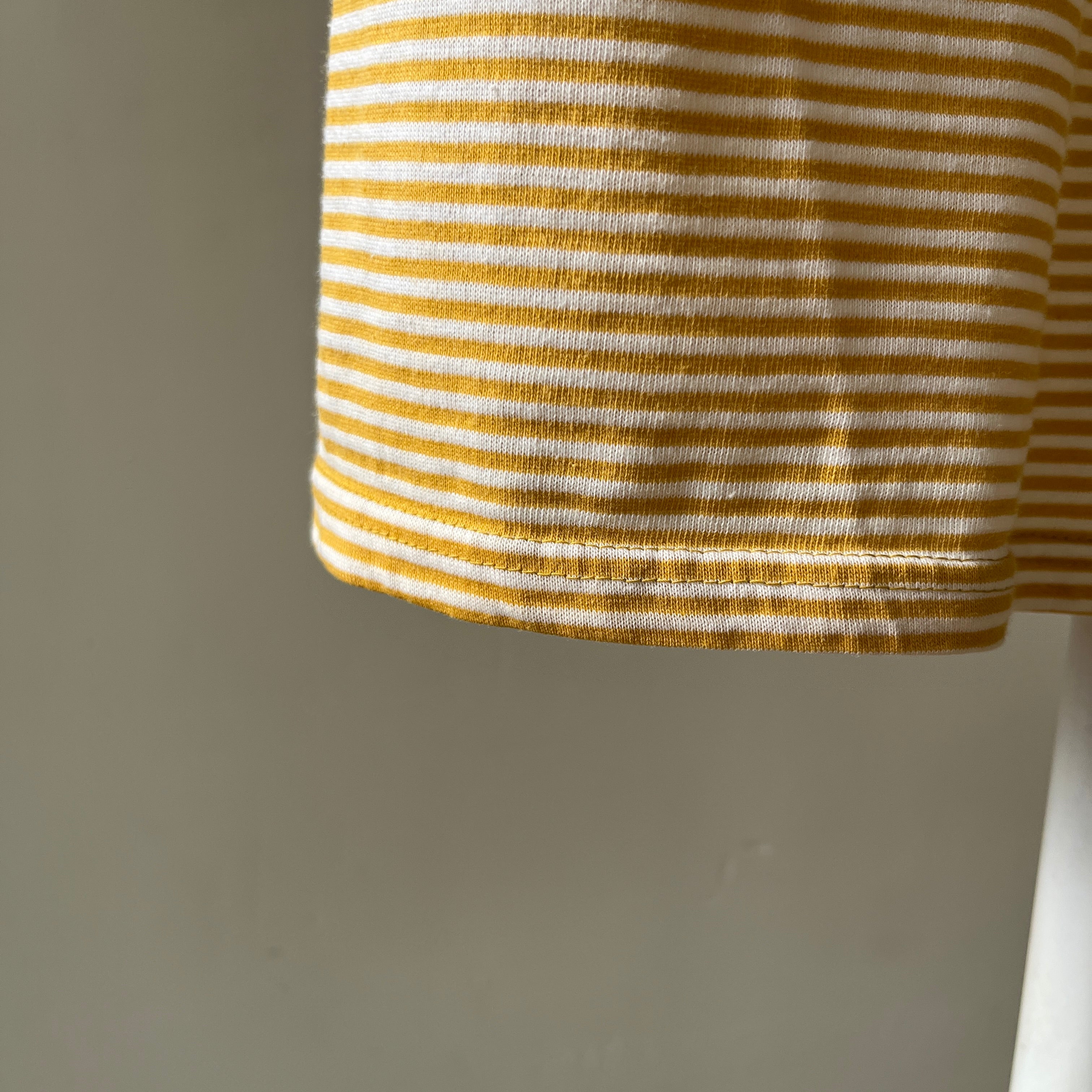 1980s Brooklyn College Mustard Yellow Striped Mock Neck T Shirt