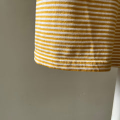 1980s Brooklyn College Mustard Yellow Striped Mock Neck T Shirt