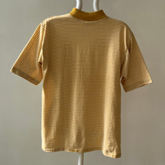1980s Brooklyn College Mustard Yellow Striped Mock Neck T Shirt