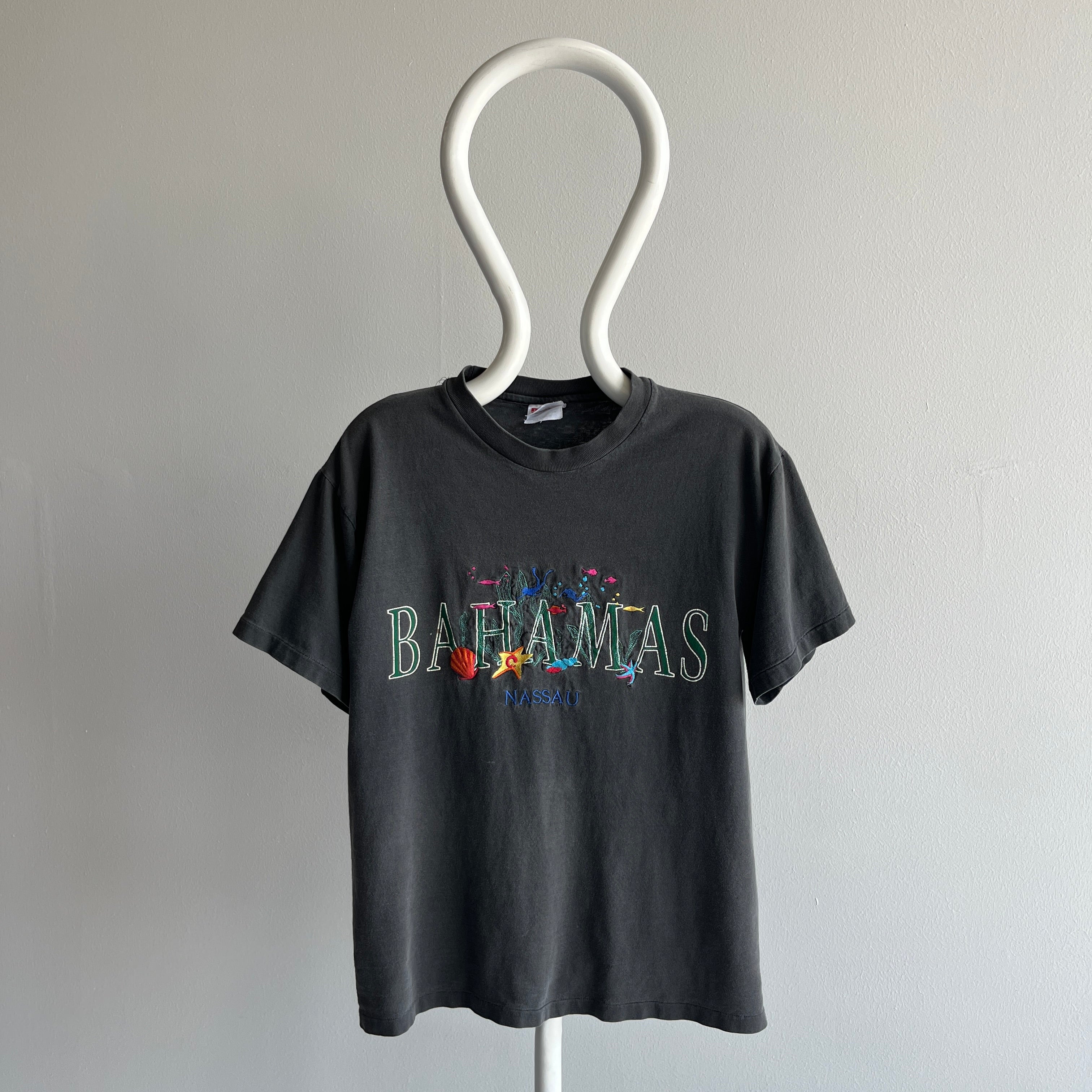 1980s Bahamas Embroidered Faded Black To Gray T-Shirt