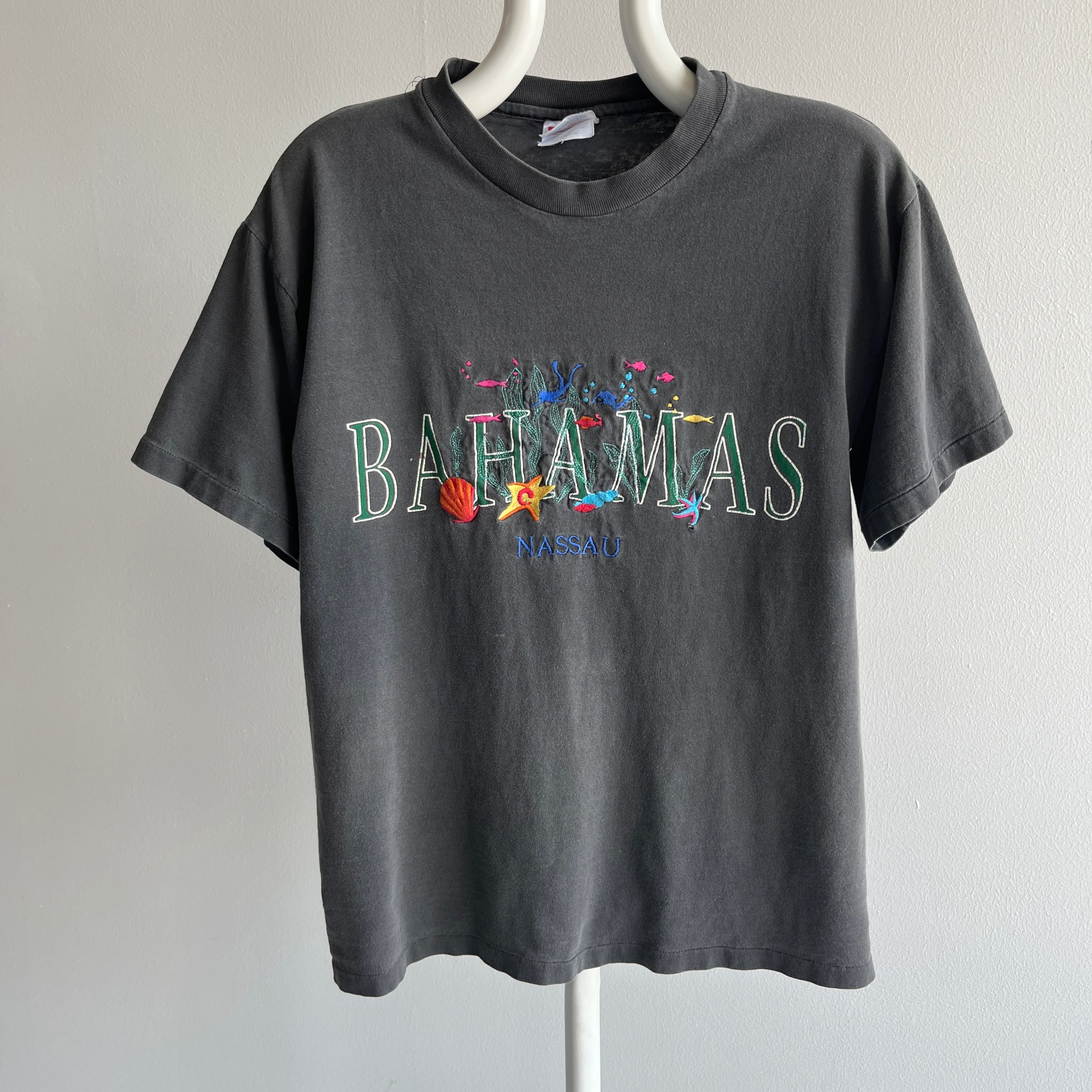 1980s Bahamas Embroidered Faded Black To Gray T-Shirt