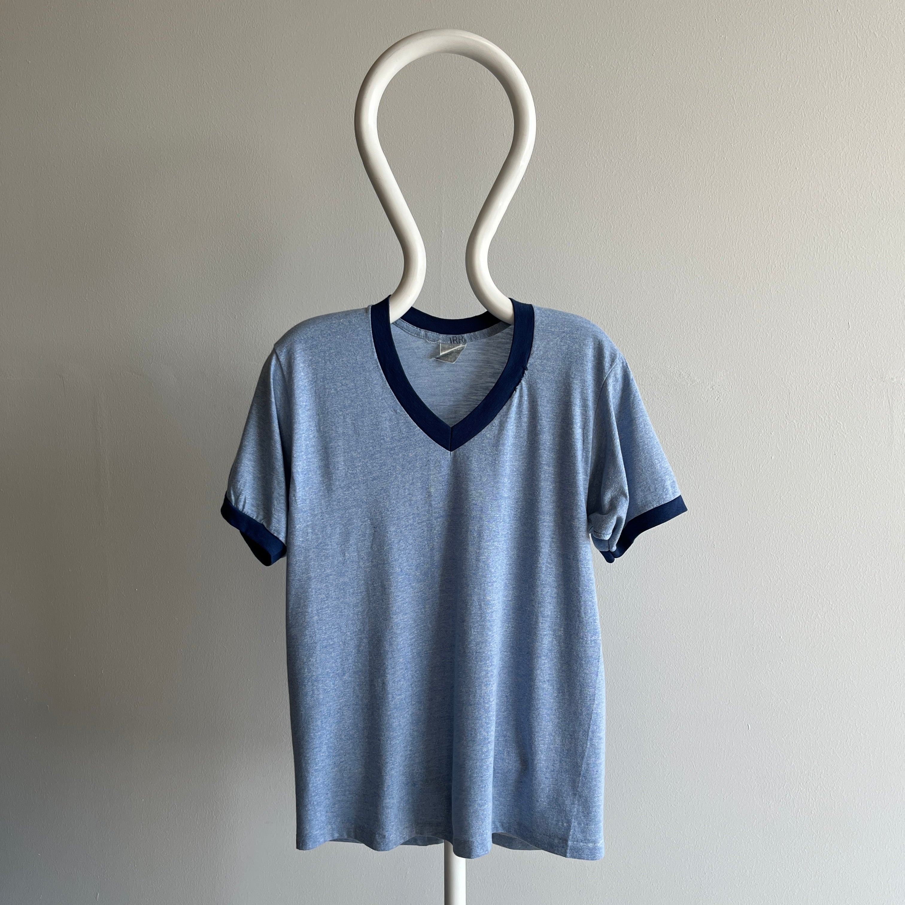 1970s Two Tone Blue V-Neck Ring T-Shirt