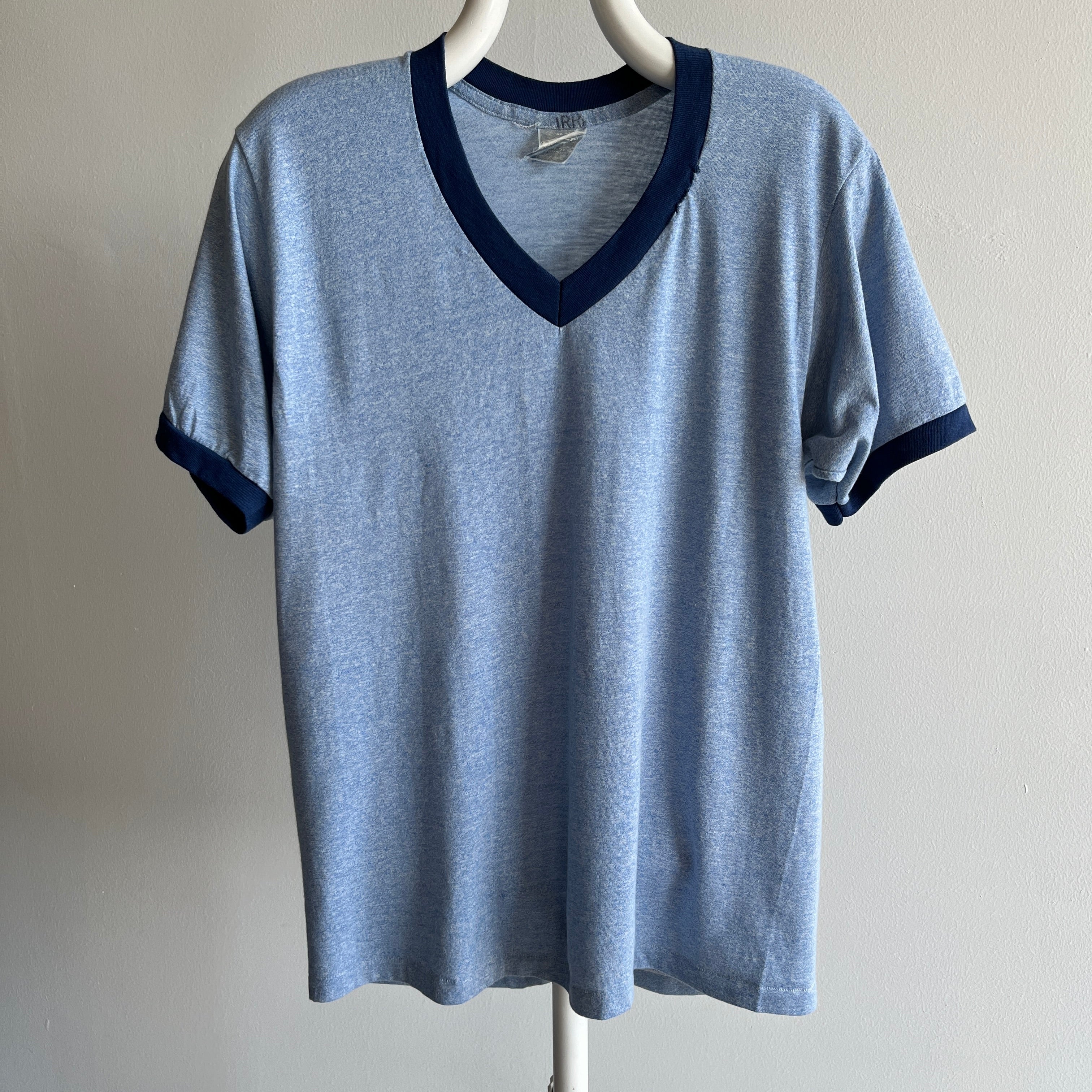 1970s Two Tone Blue V-Neck Ring T-Shirt