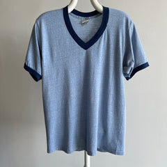 1970s Two Tone Blue V-Neck Ring T-Shirt