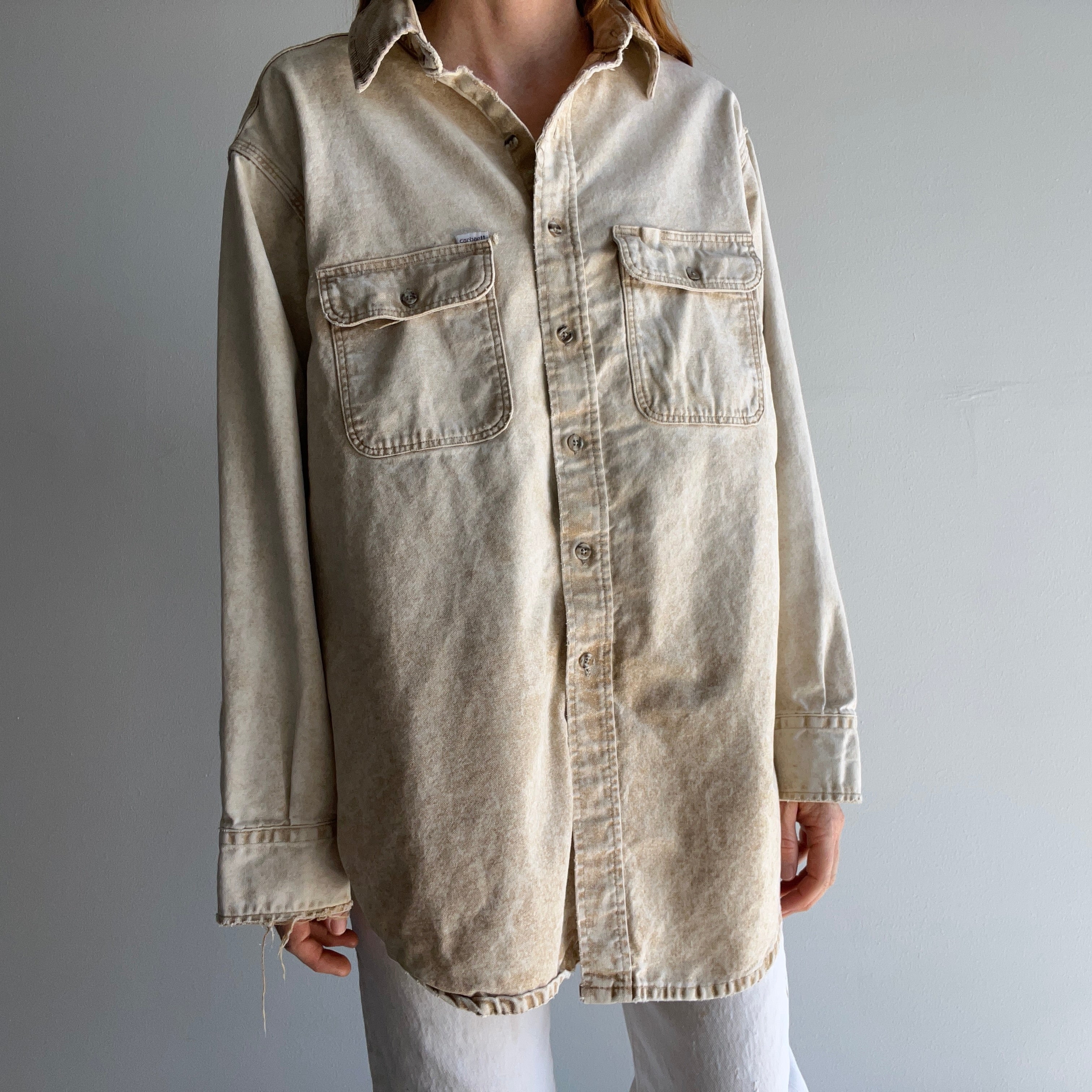 1990s Nicely Tattered Carhartt Acid Wash Khaki Work Shirt with a Corduroy Collar