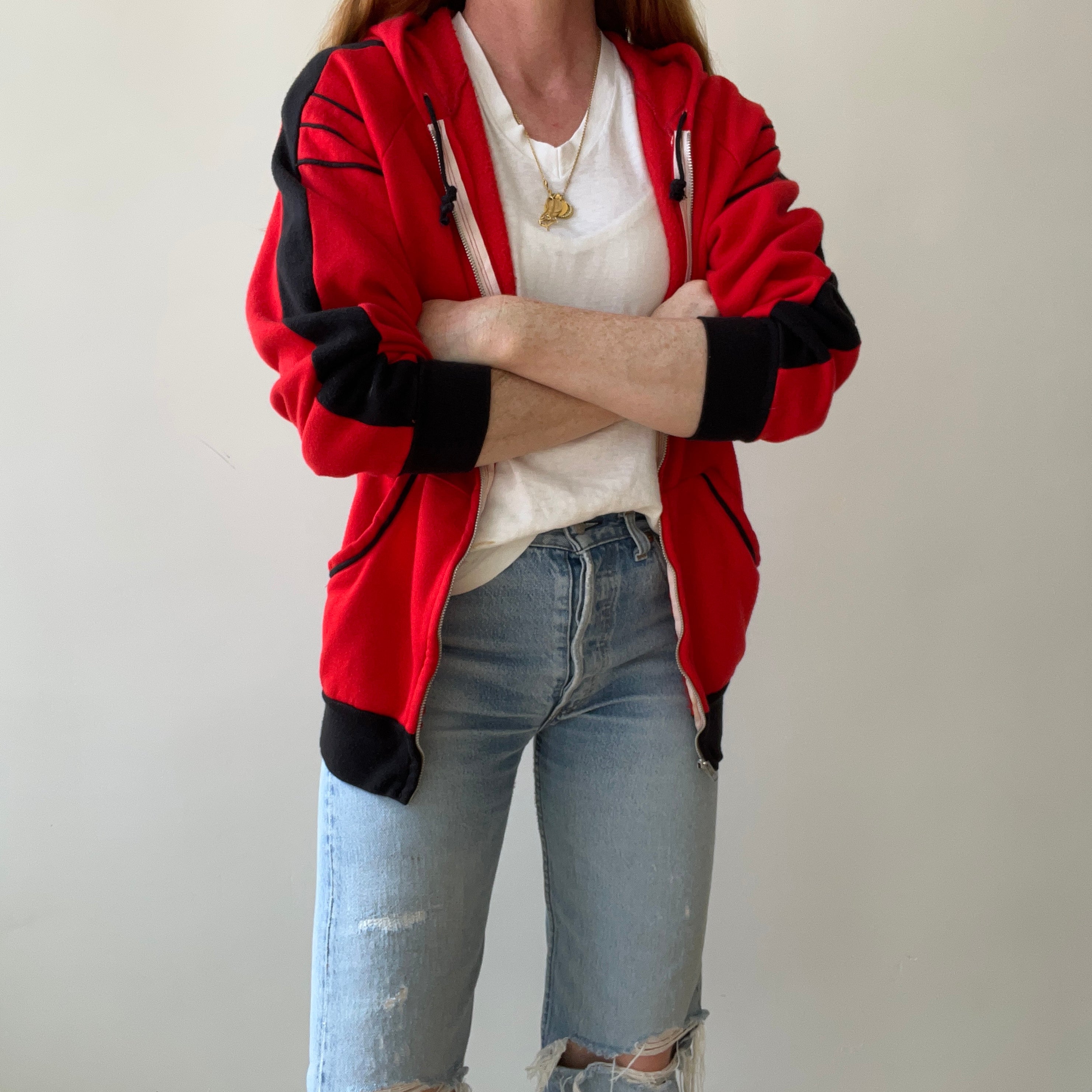 1970s Red and Black Zip Up Hoodie