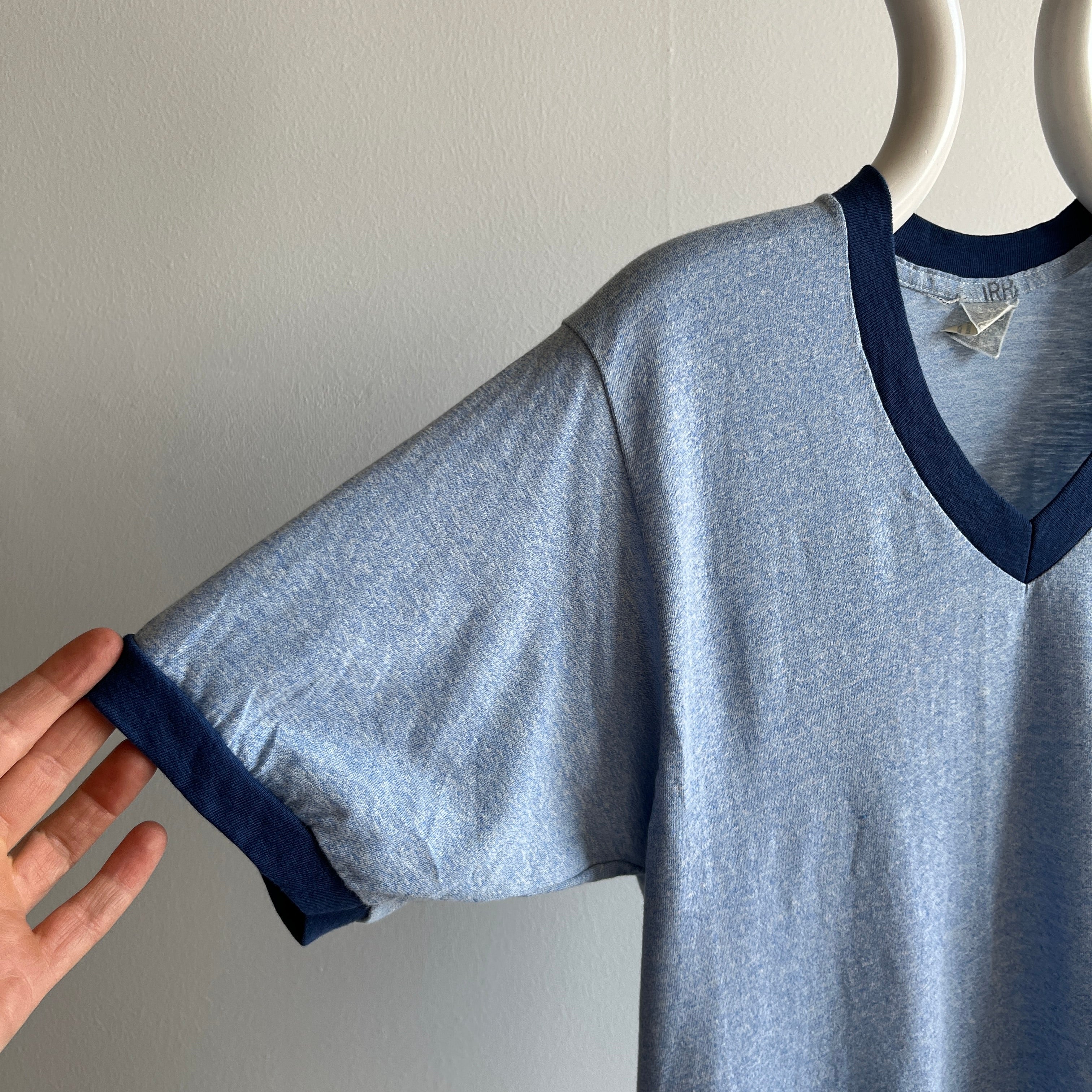 1970s Two Tone Blue V-Neck Ring T-Shirt