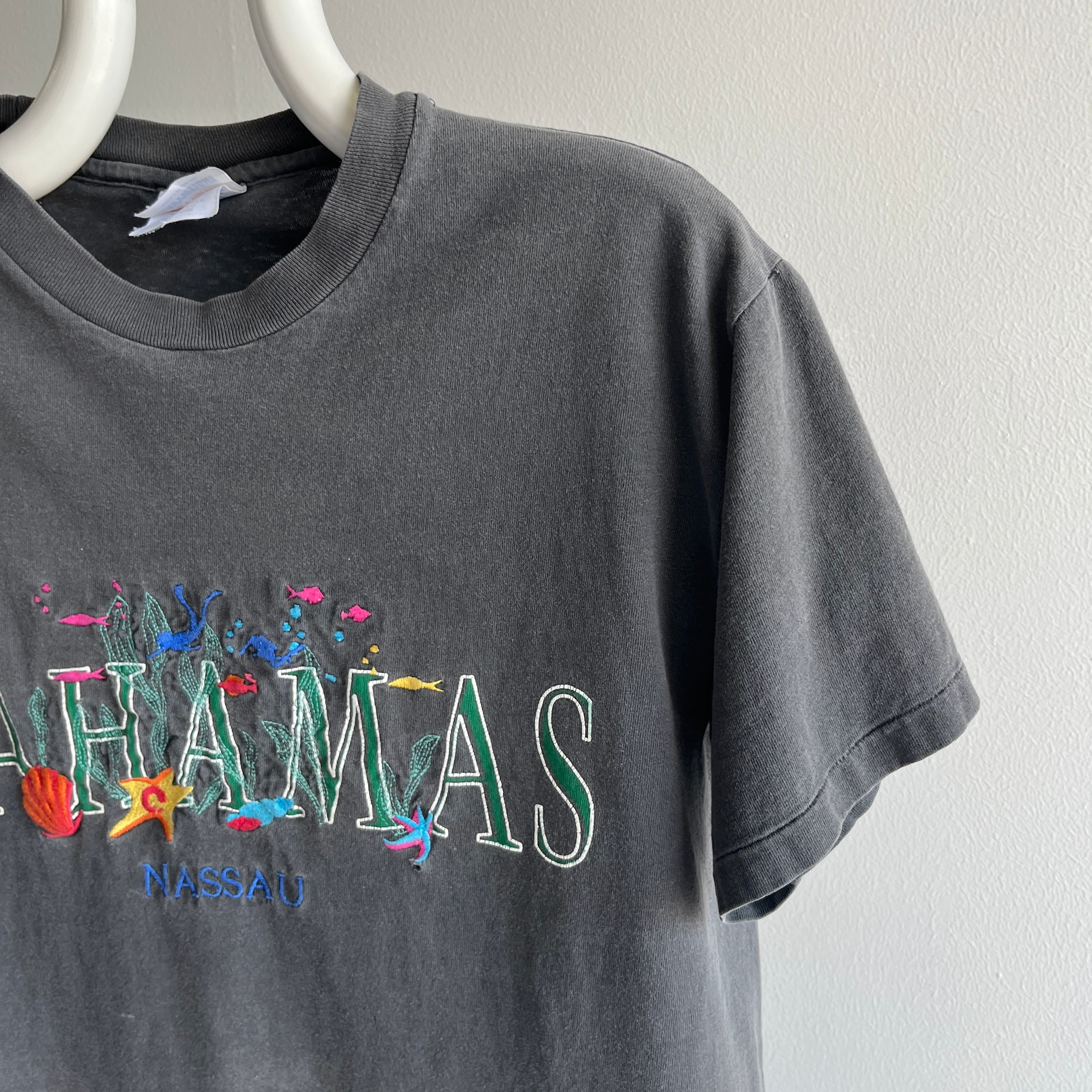 1980s Bahamas Embroidered Faded Black To Gray T-Shirt