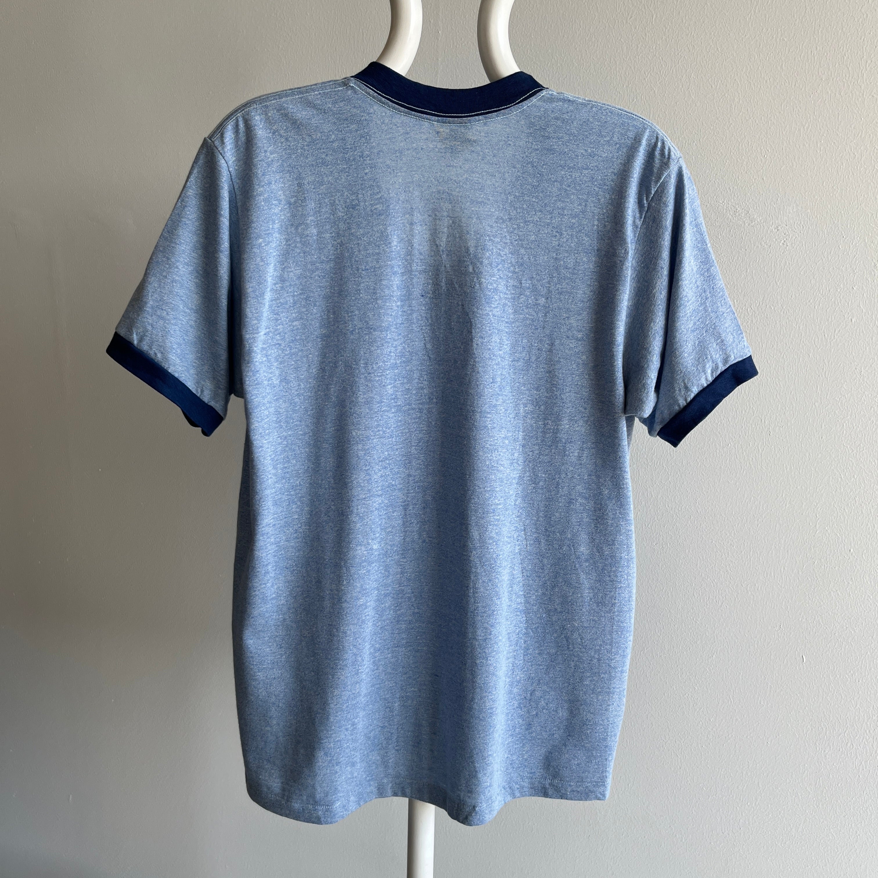 1970s Two Tone Blue V-Neck Ring T-Shirt
