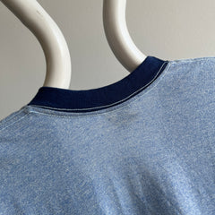 1970s Two Tone Blue V-Neck Ring T-Shirt