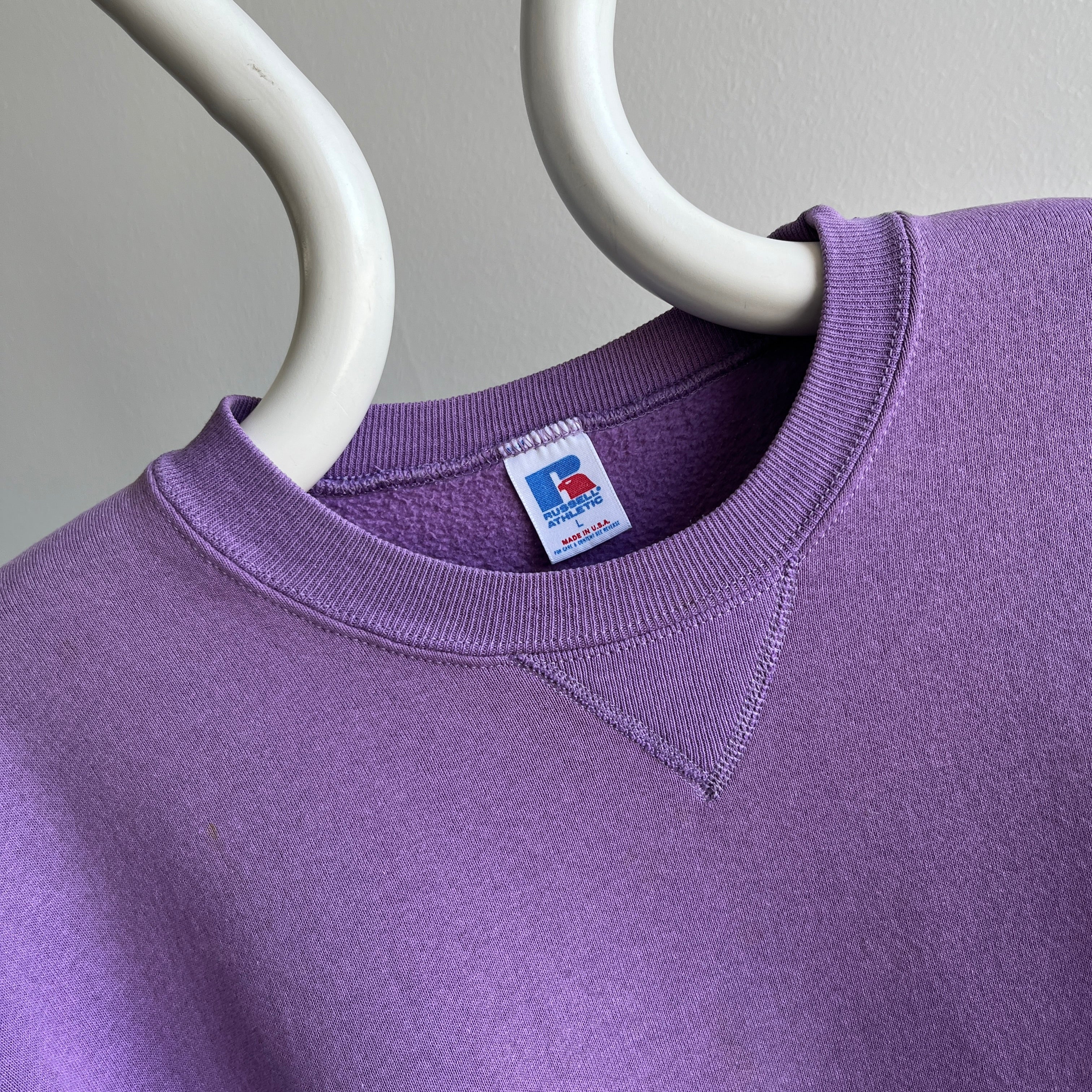 1980s Delightfully stained Lavender Russell Sweatshirt with a Single V