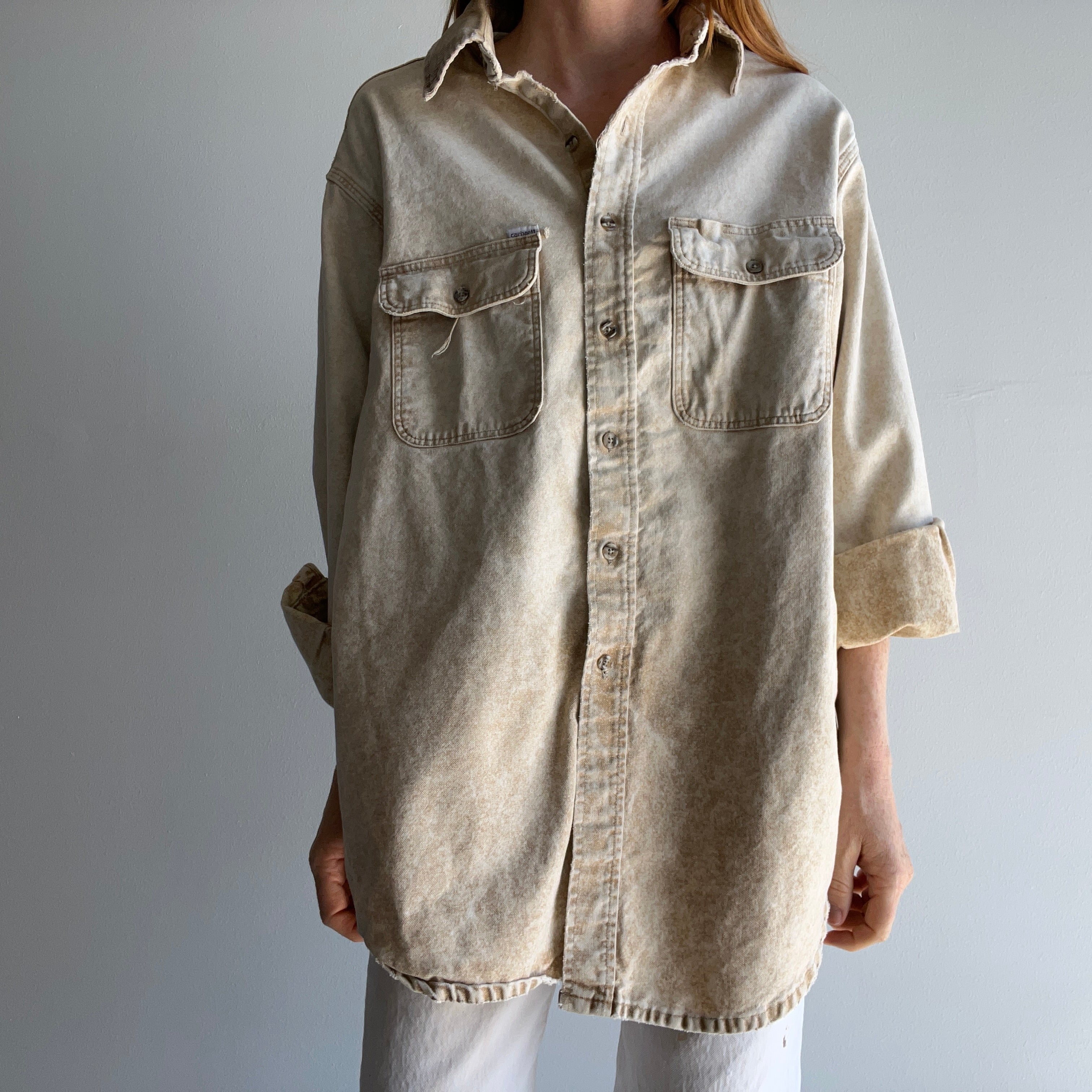 1990s Nicely Tattered Carhartt Acid Wash Khaki Work Shirt with a Corduroy Collar