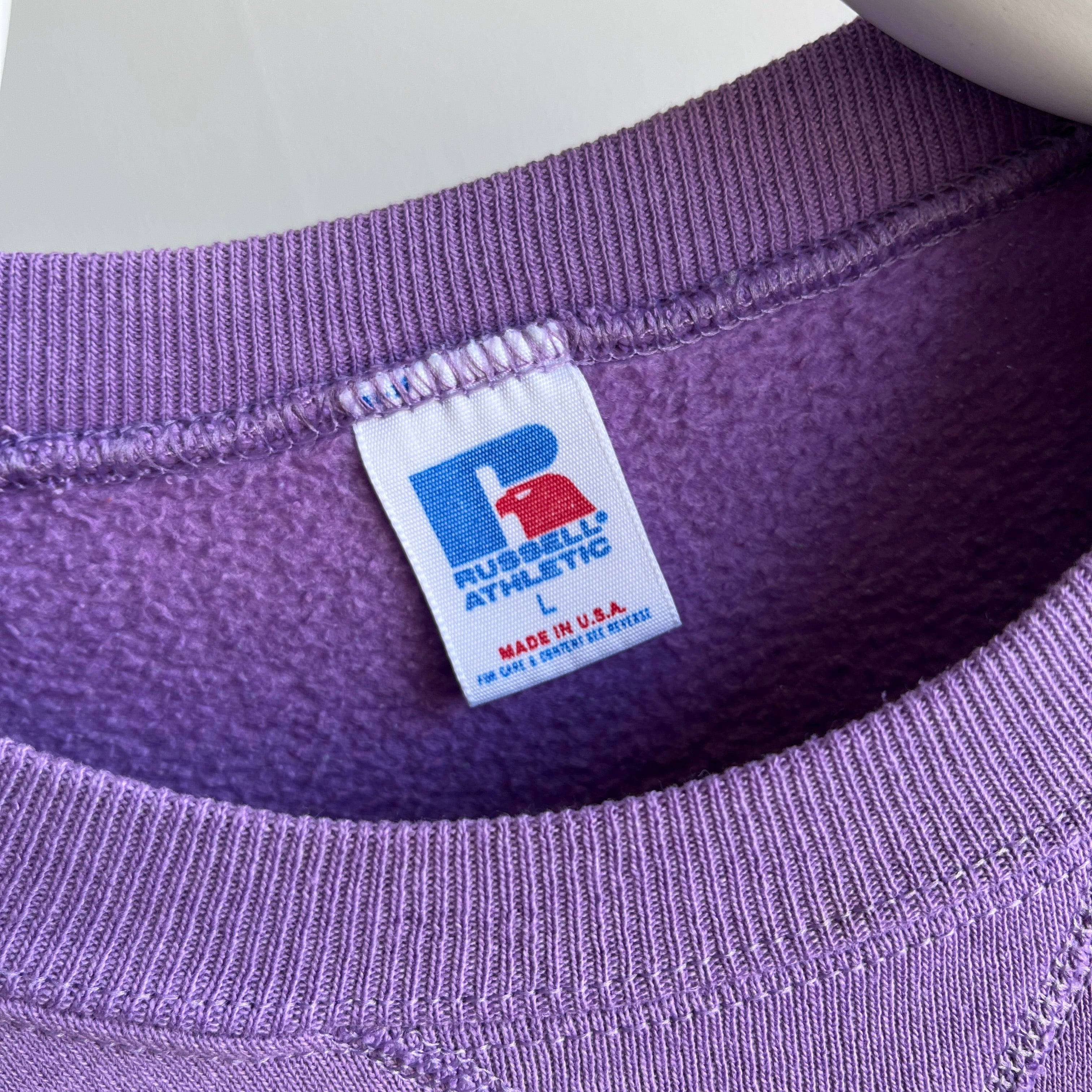 1980s Delightfully stained Lavender Russell Sweatshirt with a Single V