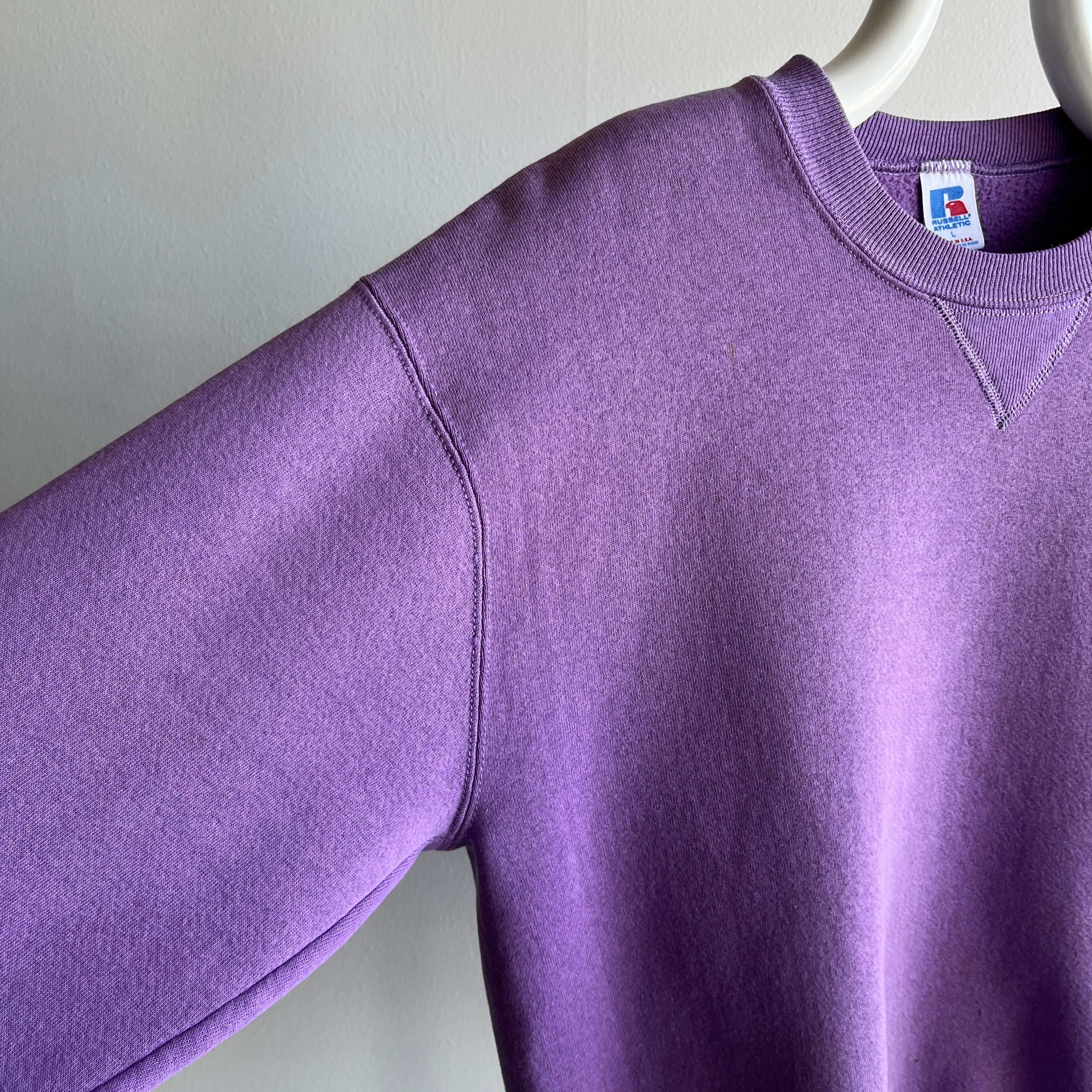 1980s Delightfully stained Lavender Russell Sweatshirt with a Single V