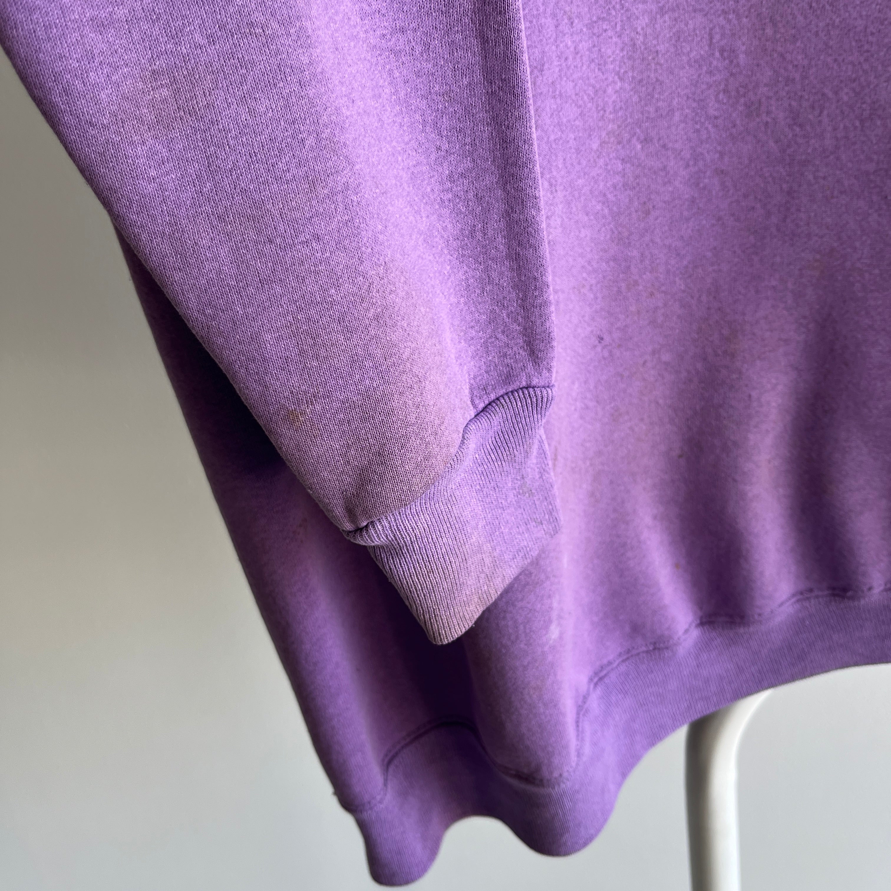 1980s Delightfully stained Lavender Russell Sweatshirt with a Single V