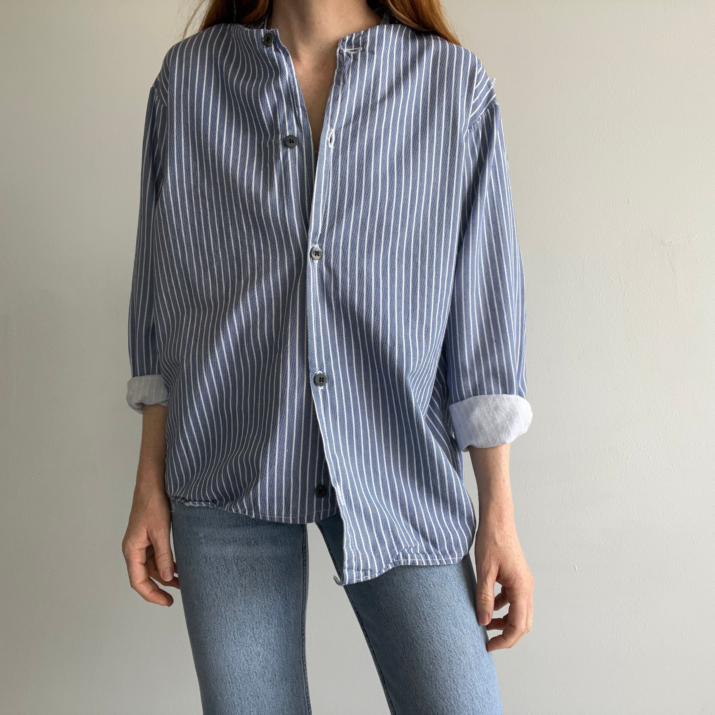 1970s French Workwear Cotton Striped Shirt with Misaligned Buttons