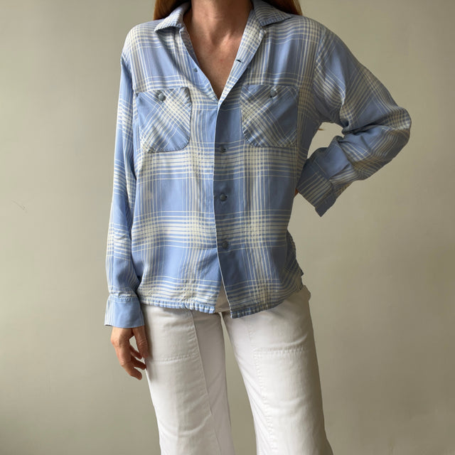 1950 Baby Blue Plaid Rayon Gabardine Loop Collar Button Up Shirt - TINA COLLECTION