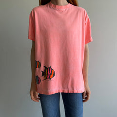 1980/90s Faded Neon Orange Fish Wrap Around Cotton T-Shirt