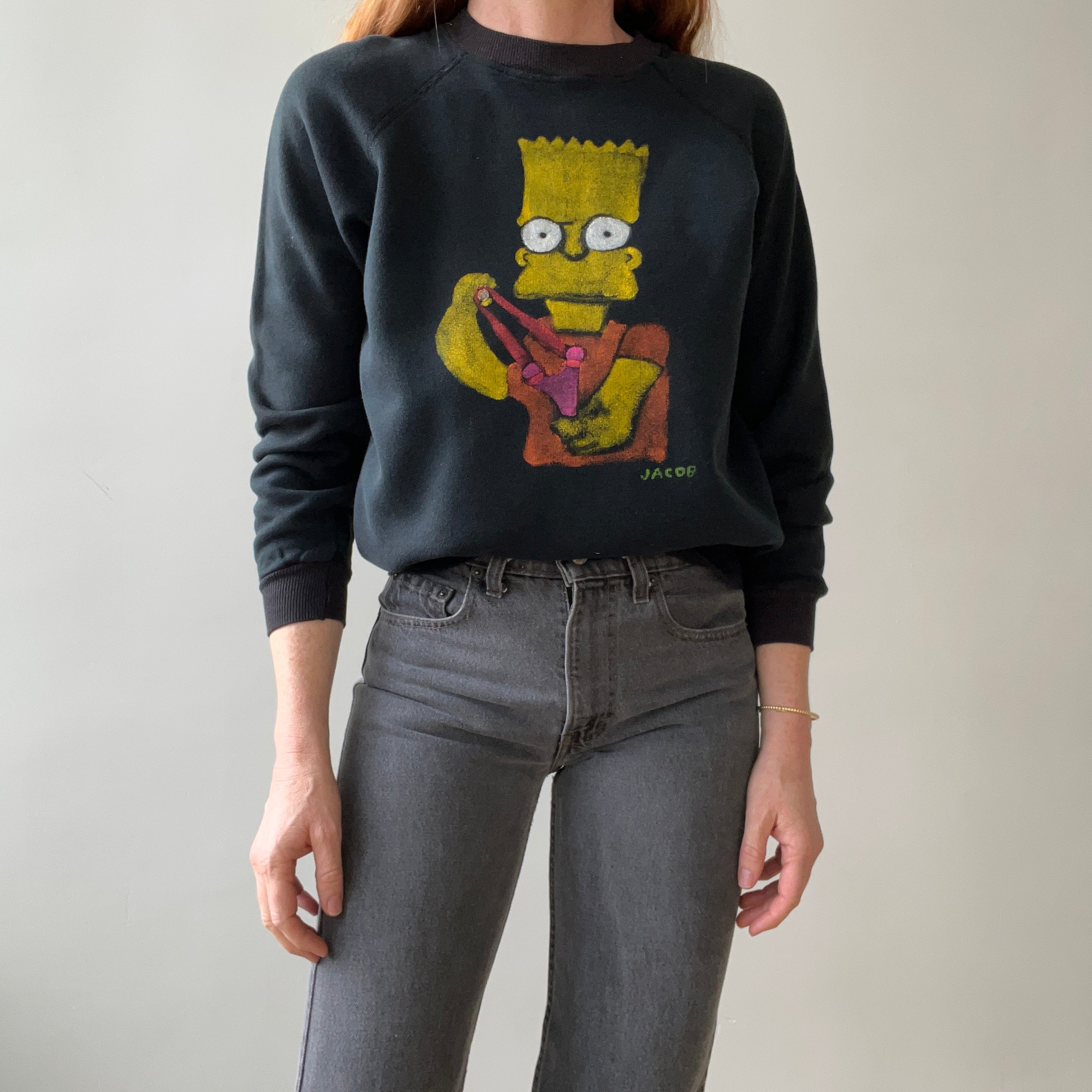 1980s Black Raglan Painted Bart Simpson by Jacob Sweatshirt, Priceless