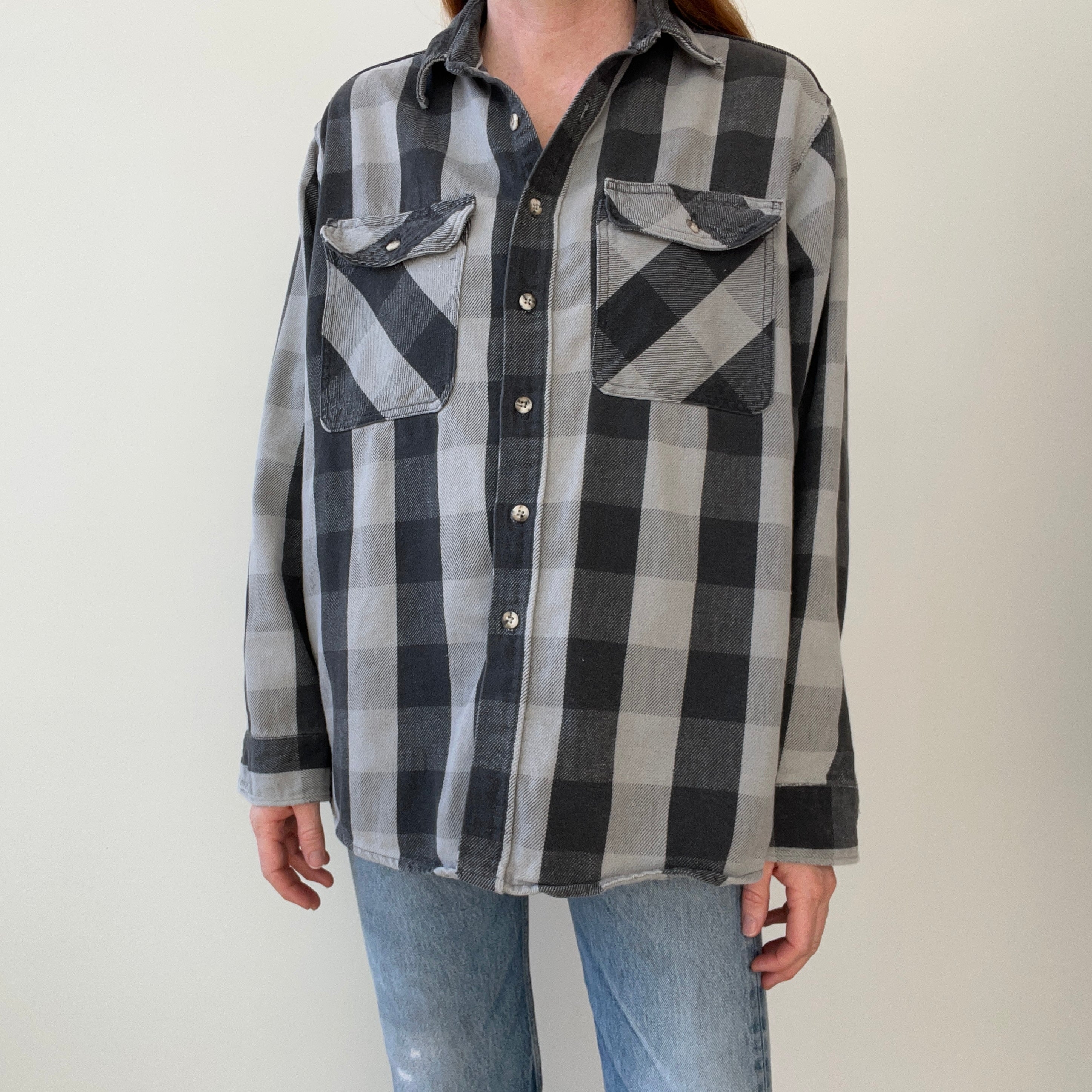 1990s USA Made Osh Kosh Gray and Black Tattered Flannel - Swoon