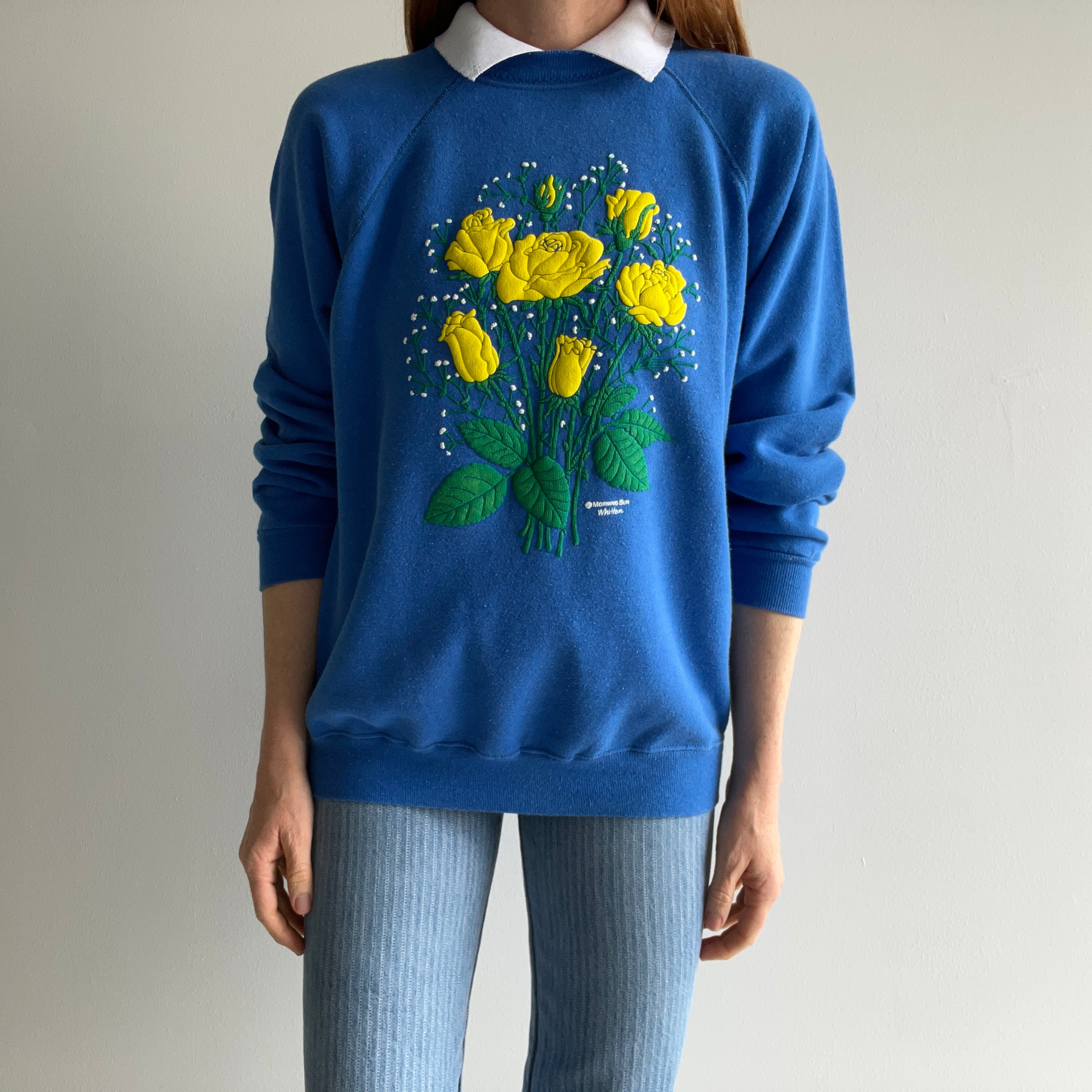 1980s Morning Star Yellow Roses Built In Polo Sweatshirt - YES PLEASE