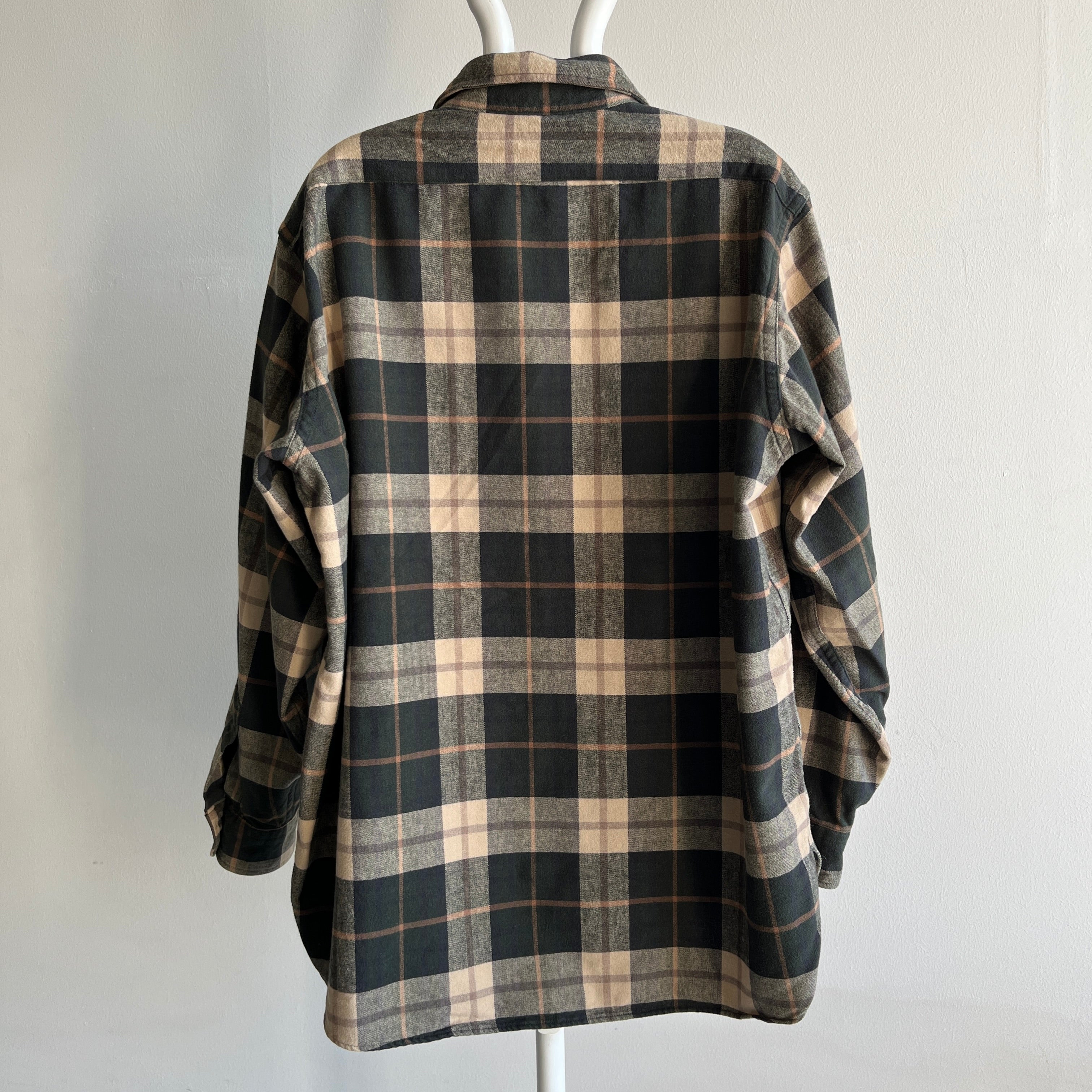 1990s L.L. Bean Larger and Longer Neutral Plaid Flannel