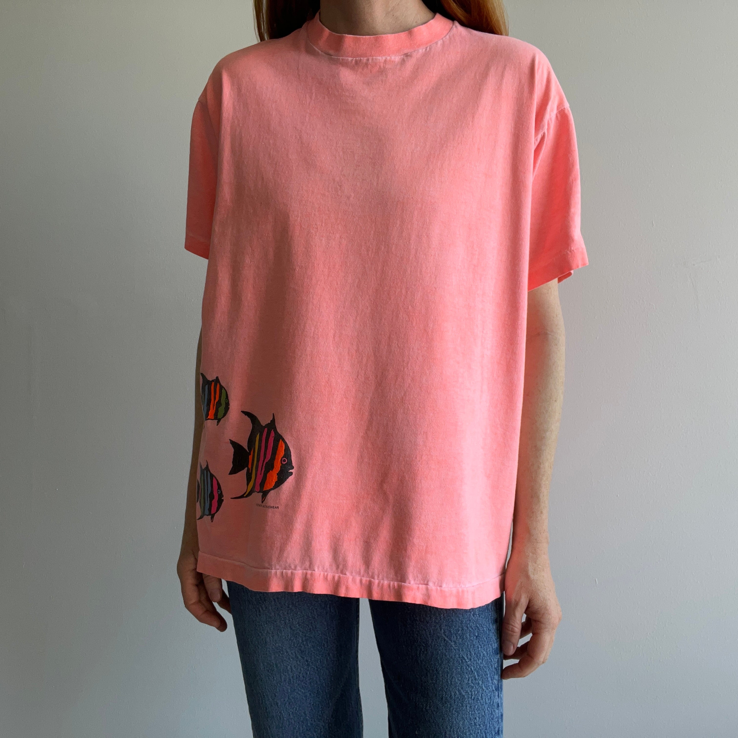 1980/90s Faded Neon Orange Fish Wrap Around Cotton T-Shirt