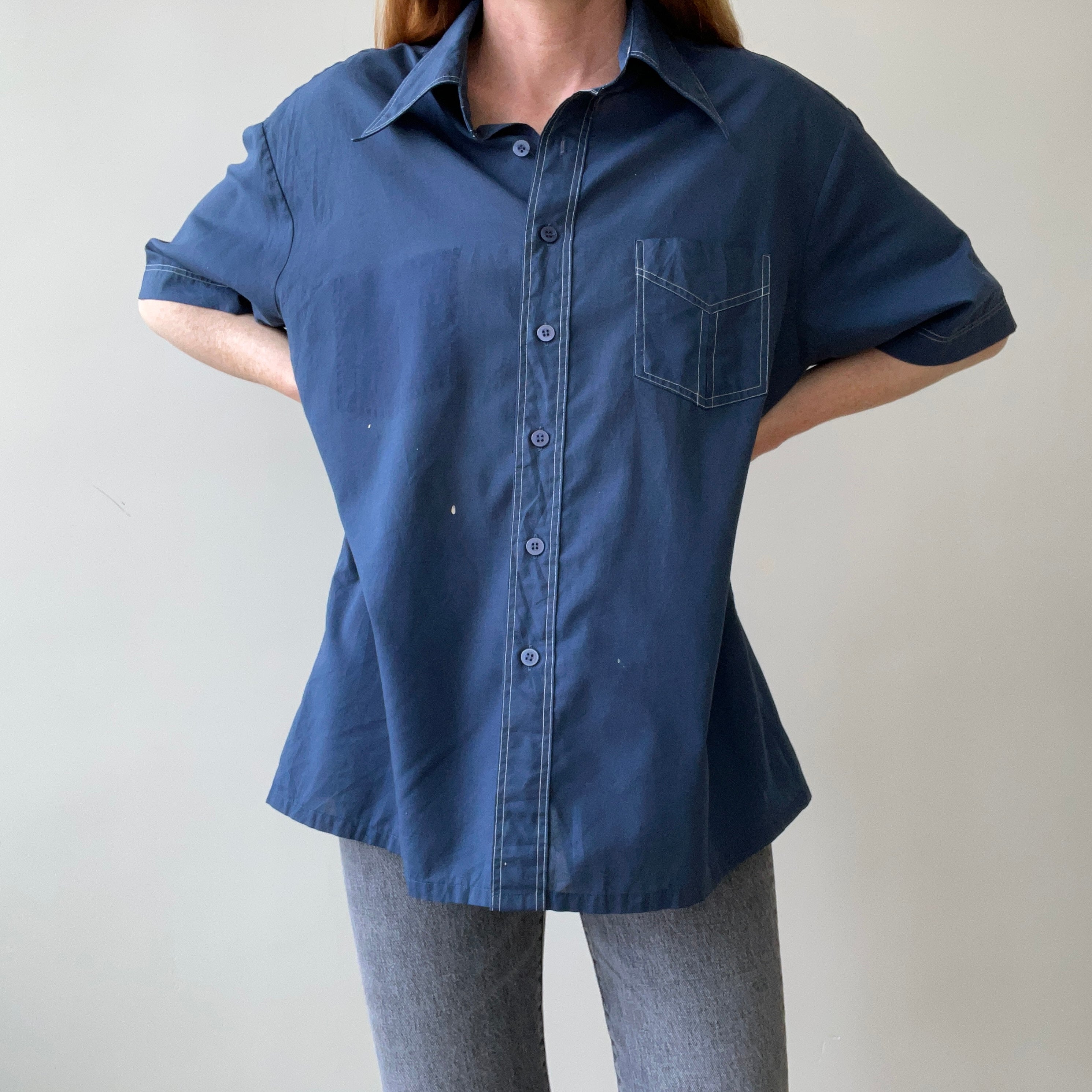 1970's Navy Short Sleeve Button Up
