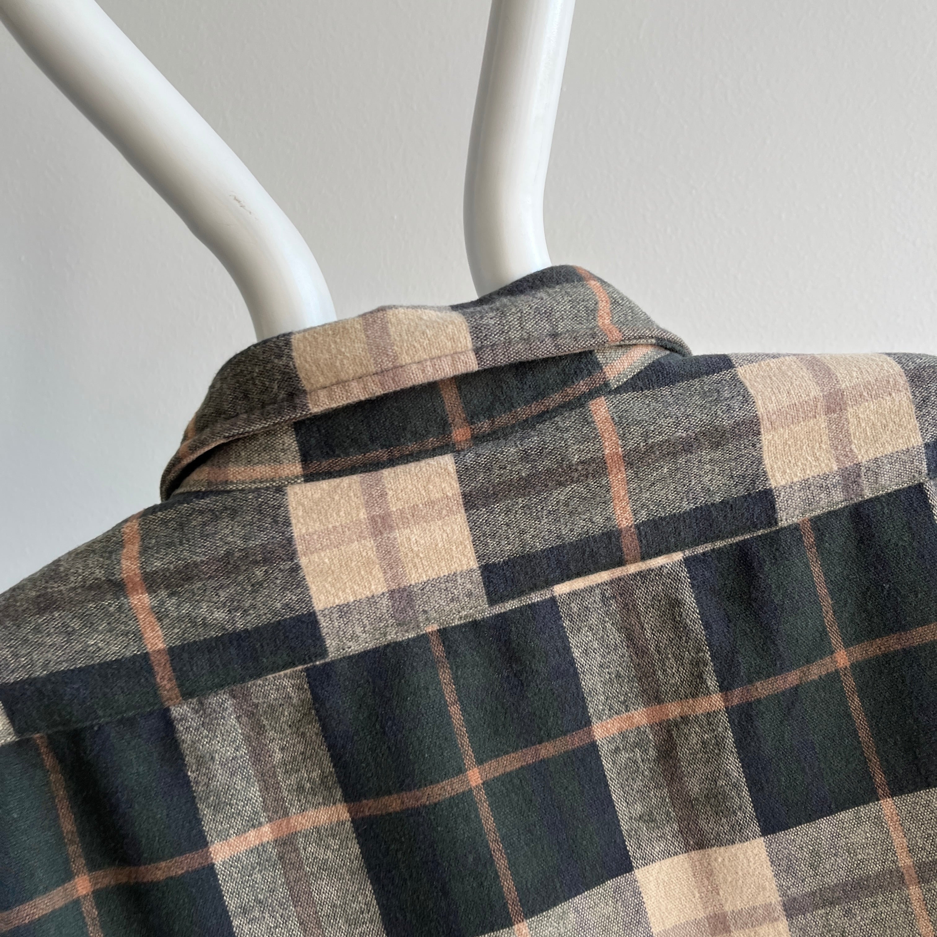 1990s L.L. Bean Larger and Longer Neutral Plaid Flannel