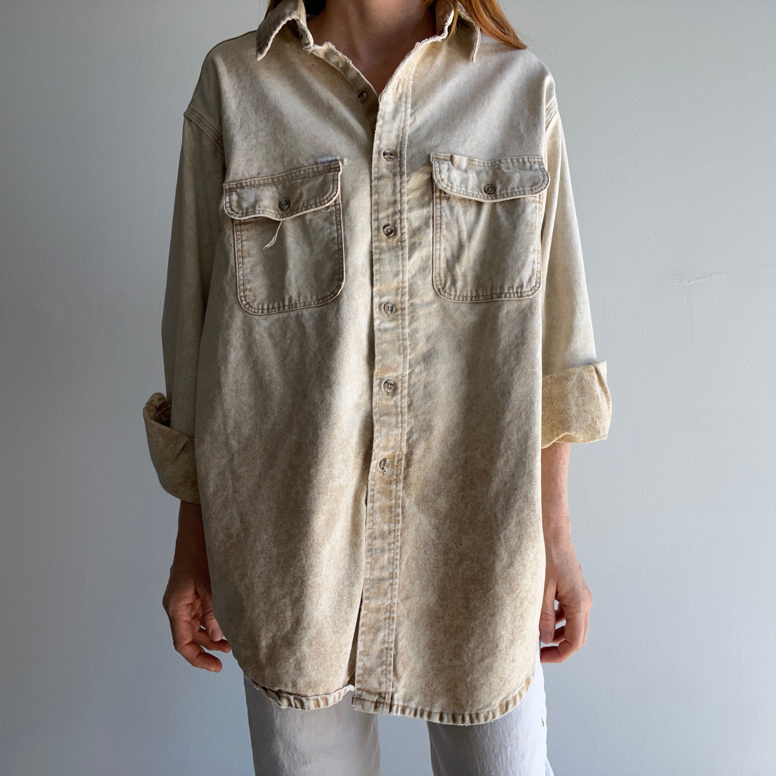 1990s Nicely Tattered Carhartt Acid Wash Khaki Work Shirt with a Corduroy Collar