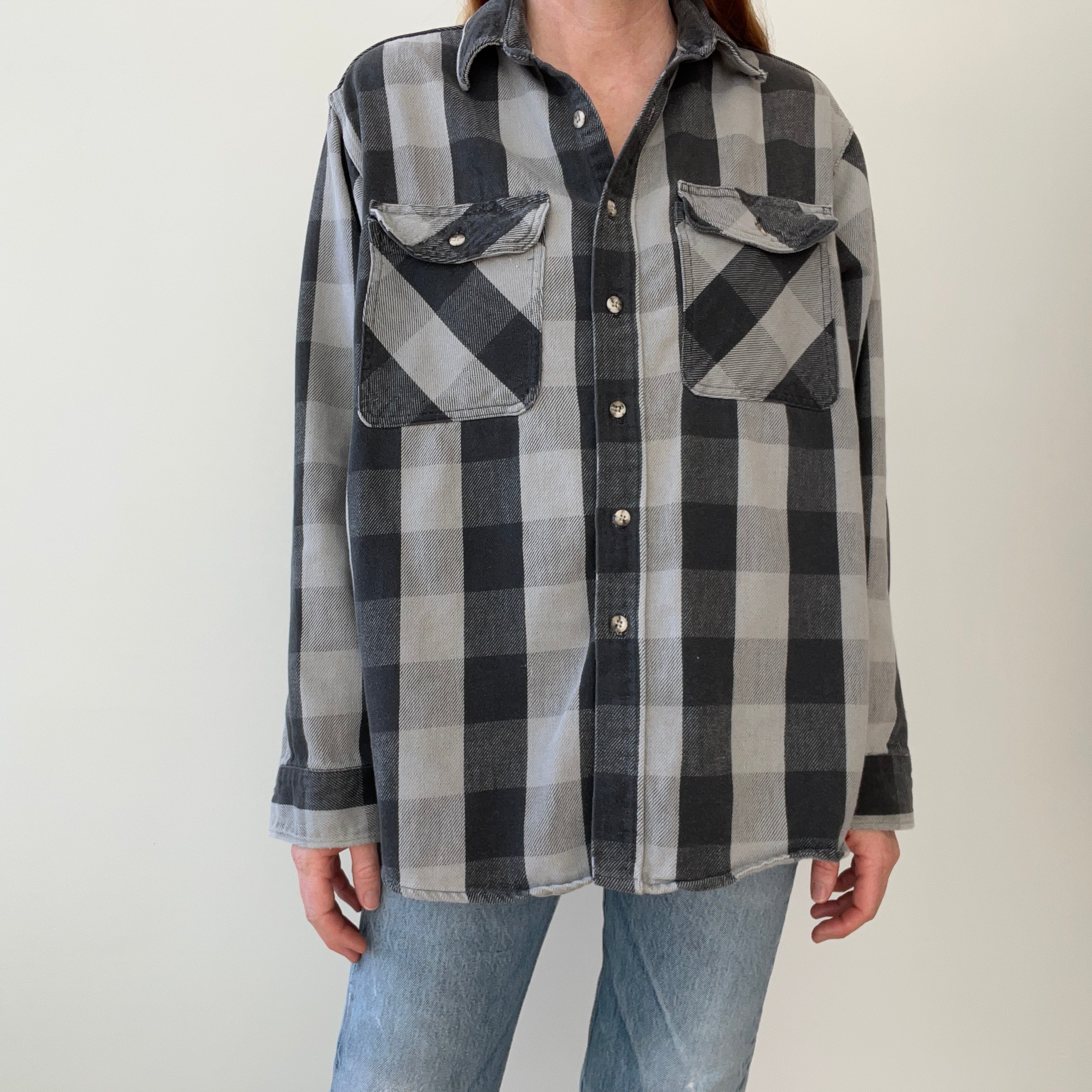 1990s USA Made Osh Kosh Gray and Black Tattered Flannel - Swoon