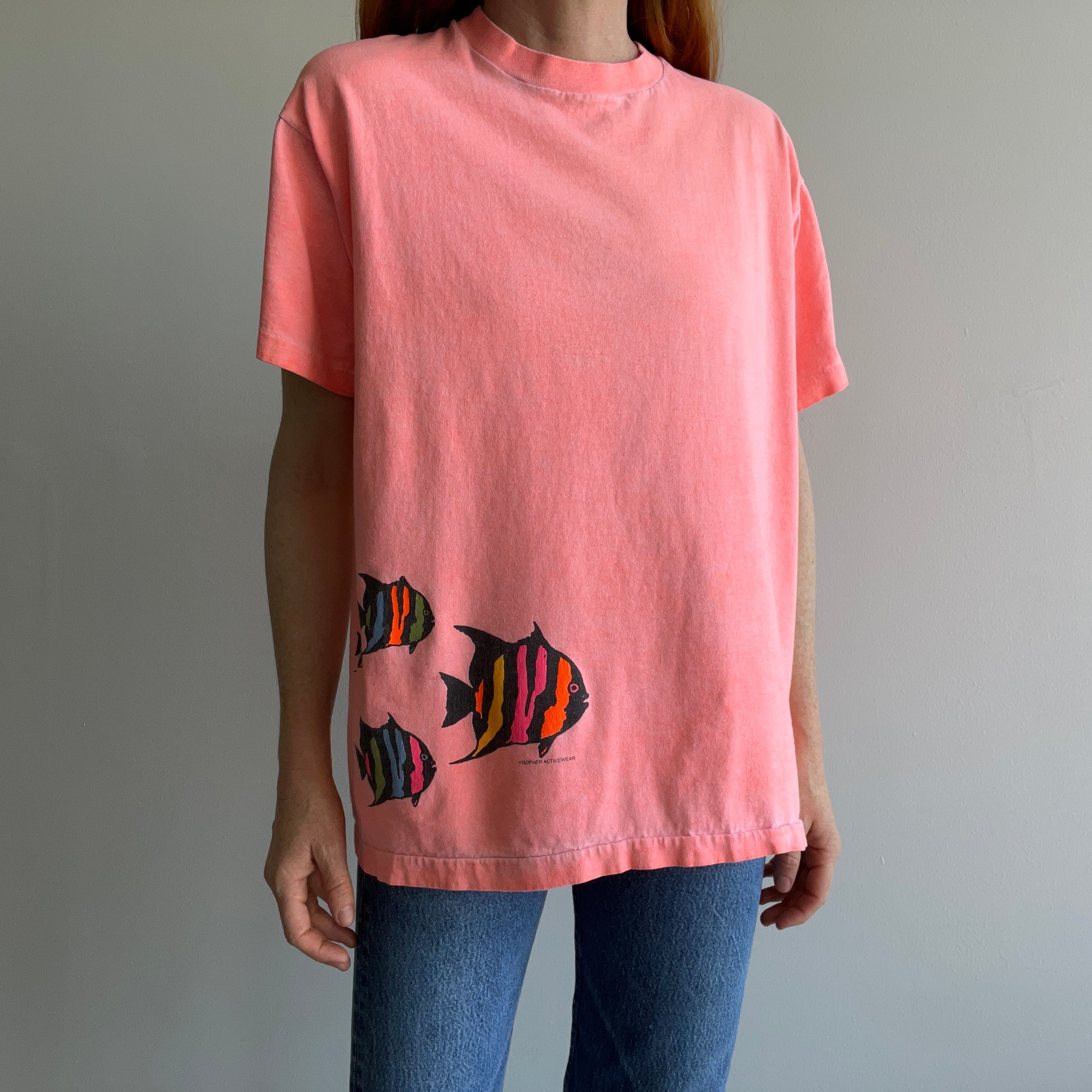 1980/90s Faded Neon Orange Fish Wrap Around Cotton T-Shirt