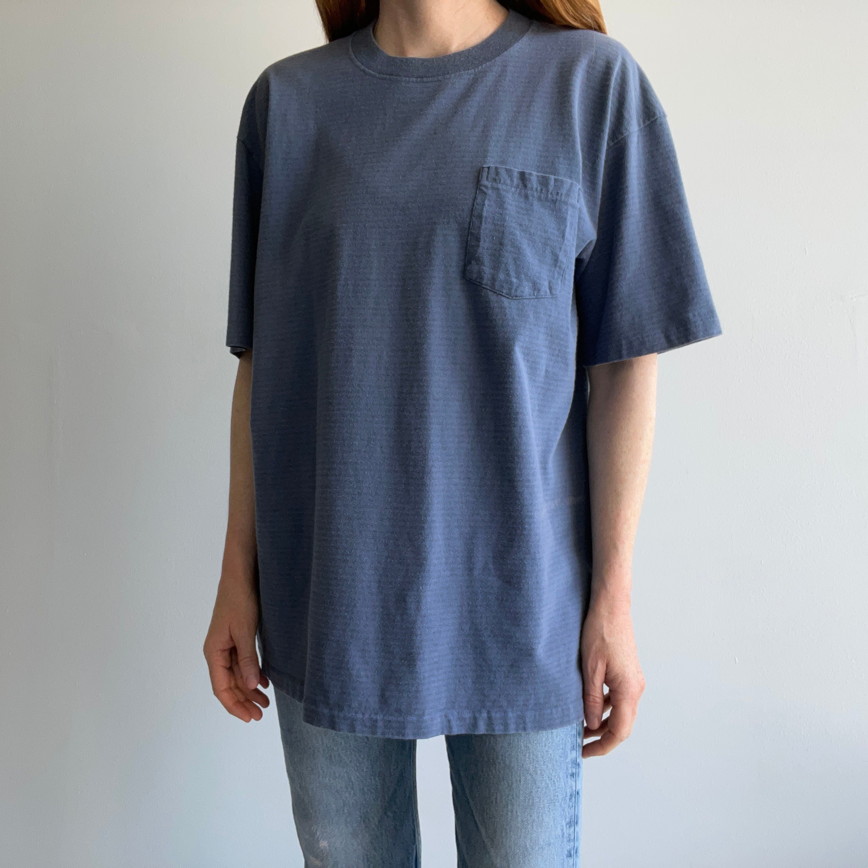 1980/90s Slate Blue Gray Striped Longer Cotton T-Shirt