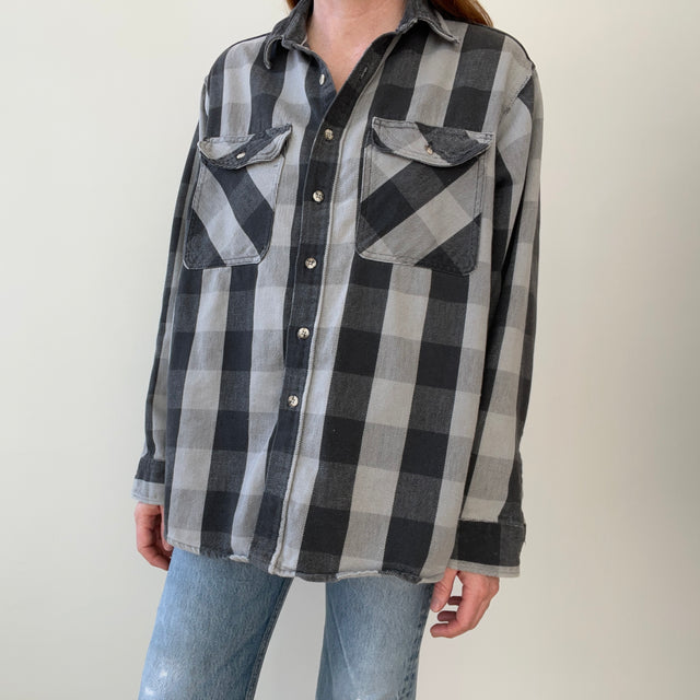 1990s USA Made Osh Kosh Gray and Black Tattered Flannel - Swoon