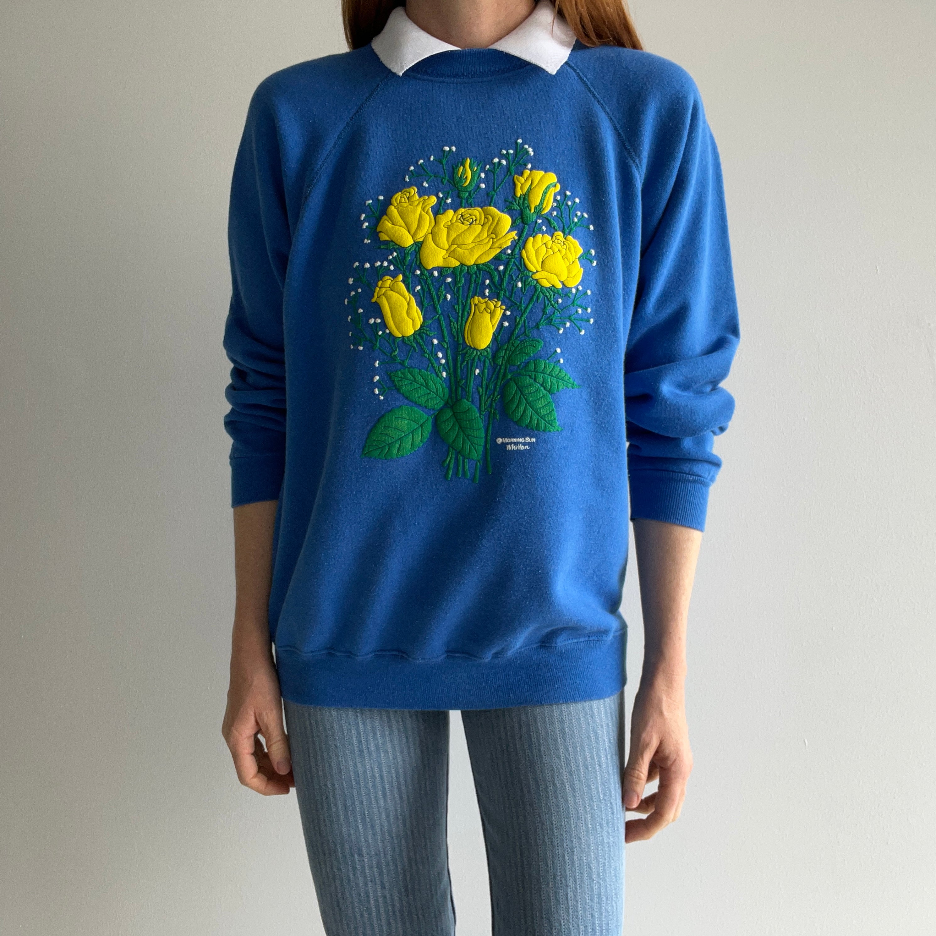 1980s Morning Star Yellow Roses Built In Polo Sweatshirt - YES PLEASE