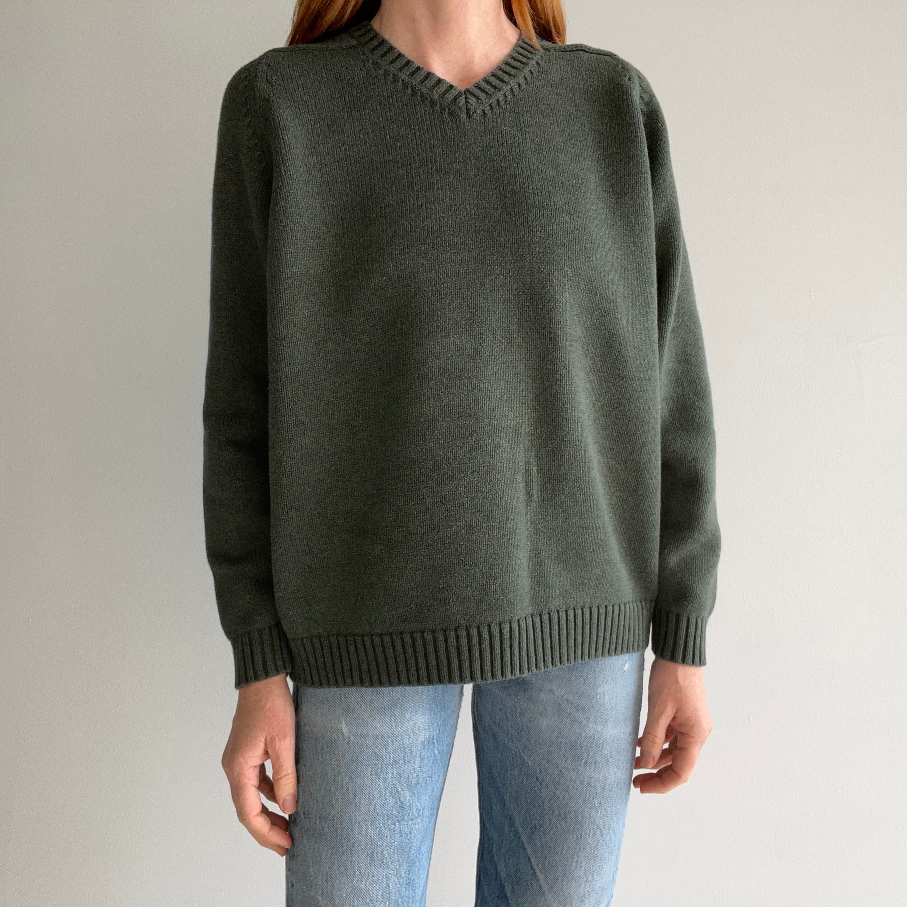 2000s Lands' End Forest Green Cotton Sweater - Made In Japan