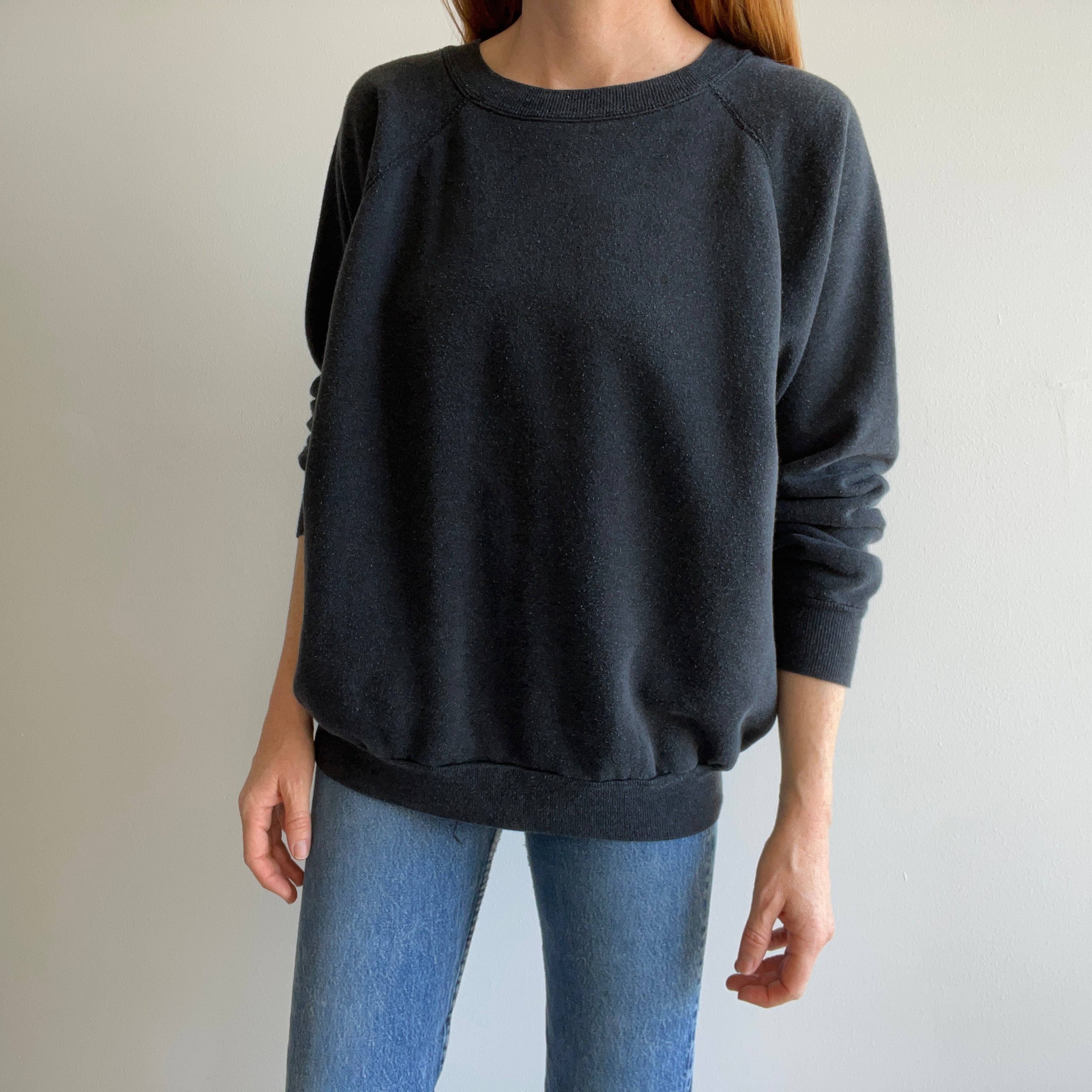 1980s Faded Black to Gray Slouchy Delight of a Raglan Sweatshirt