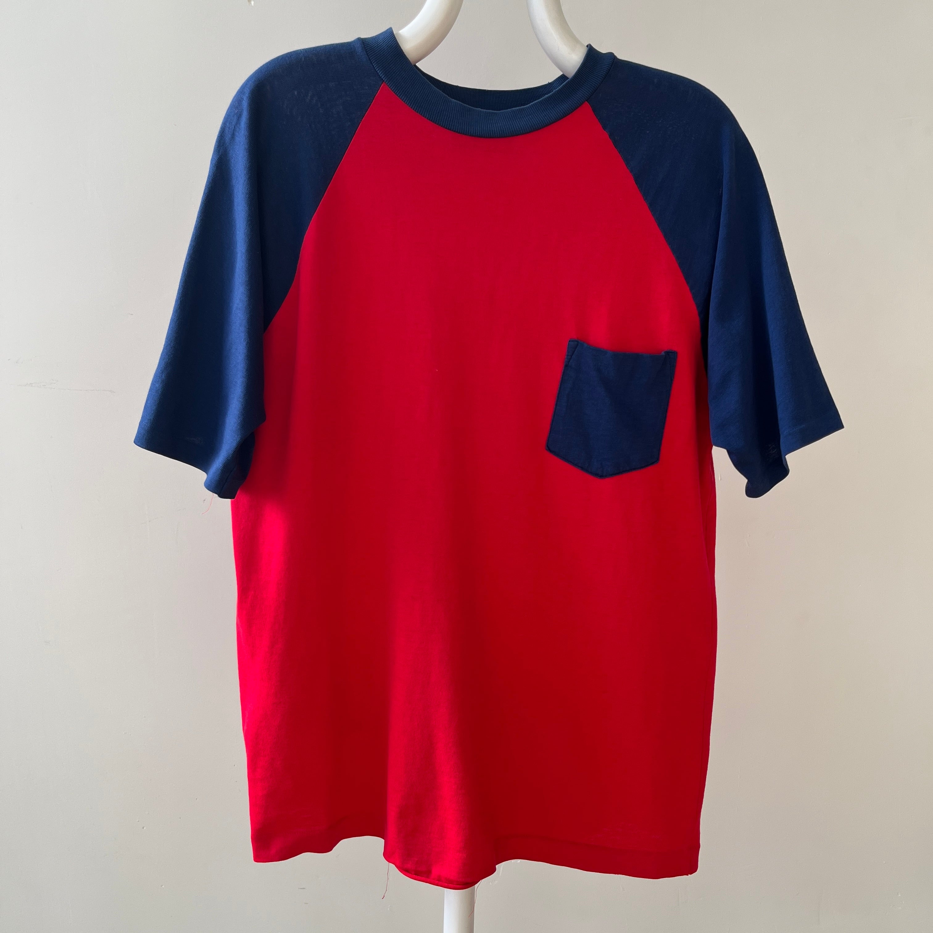 1970s Two Tone Red and Blue Pocket T Shirt