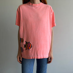 1980/90s Faded Neon Orange Fish Wrap Around Cotton T-Shirt