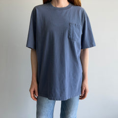 1980/90s Slate Blue Gray Striped Longer Cotton T-Shirt