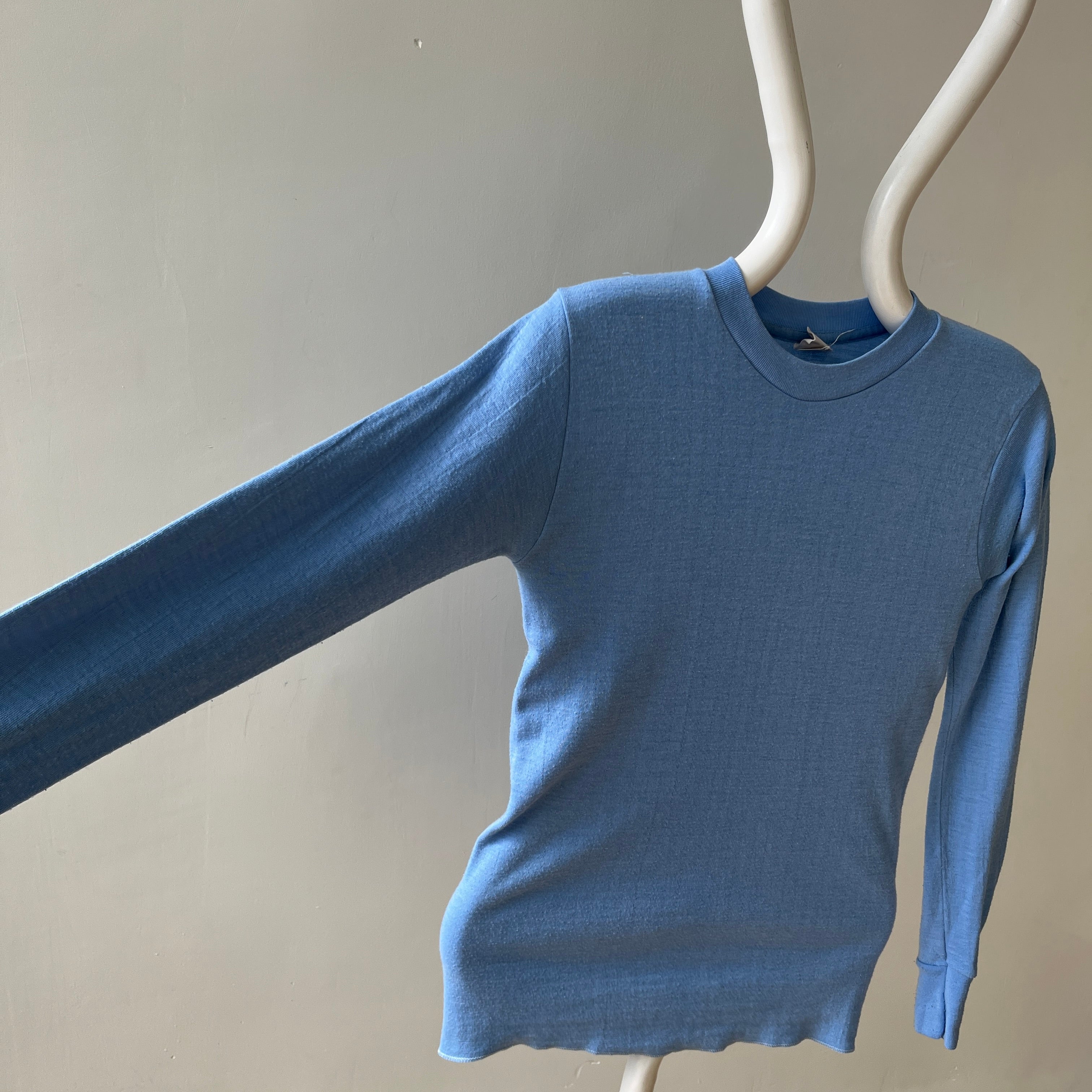 1970s Baby Blue Thermal Style Long Sleeve T Shirt