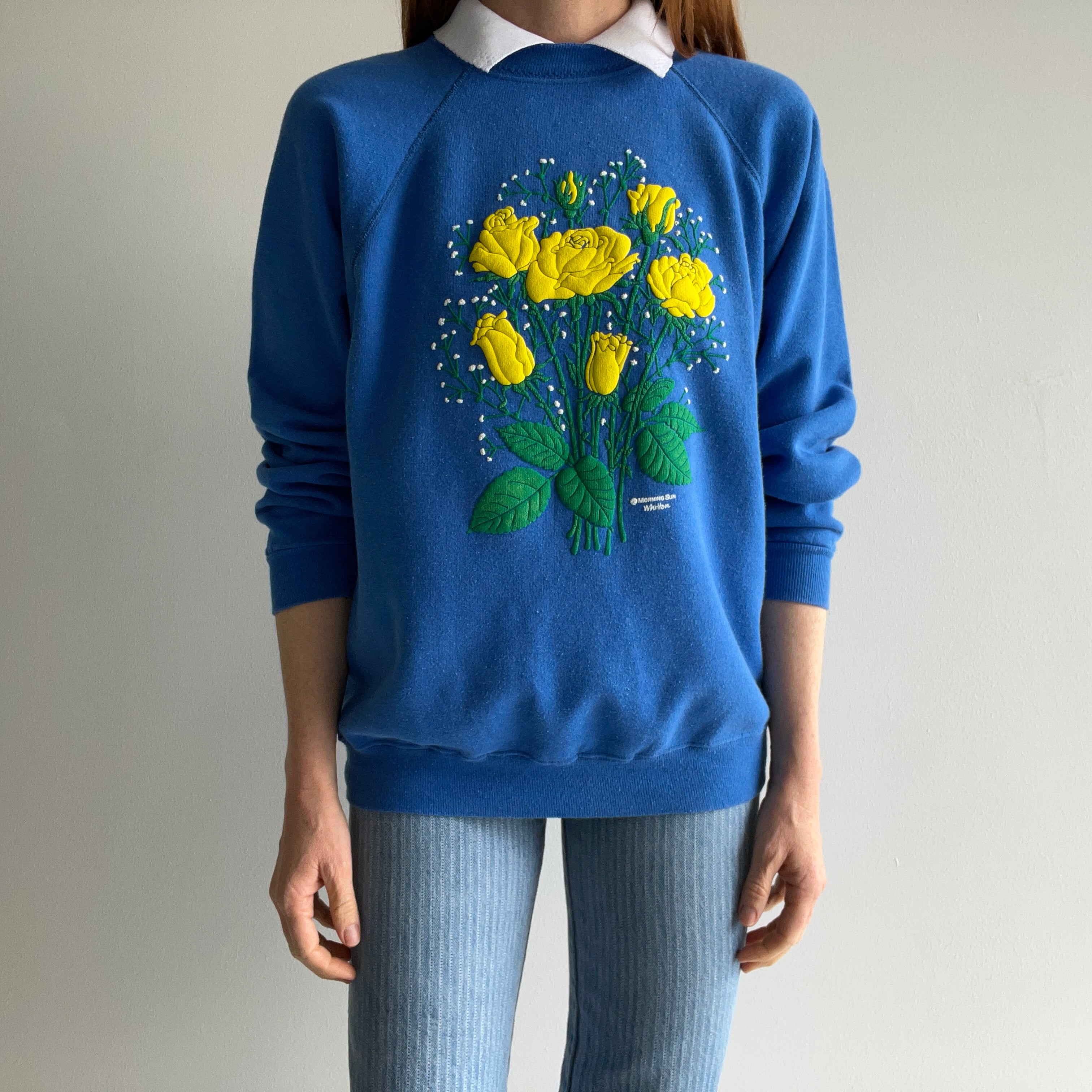 1980s Morning Star Yellow Roses Built In Polo Sweatshirt - YES PLEASE