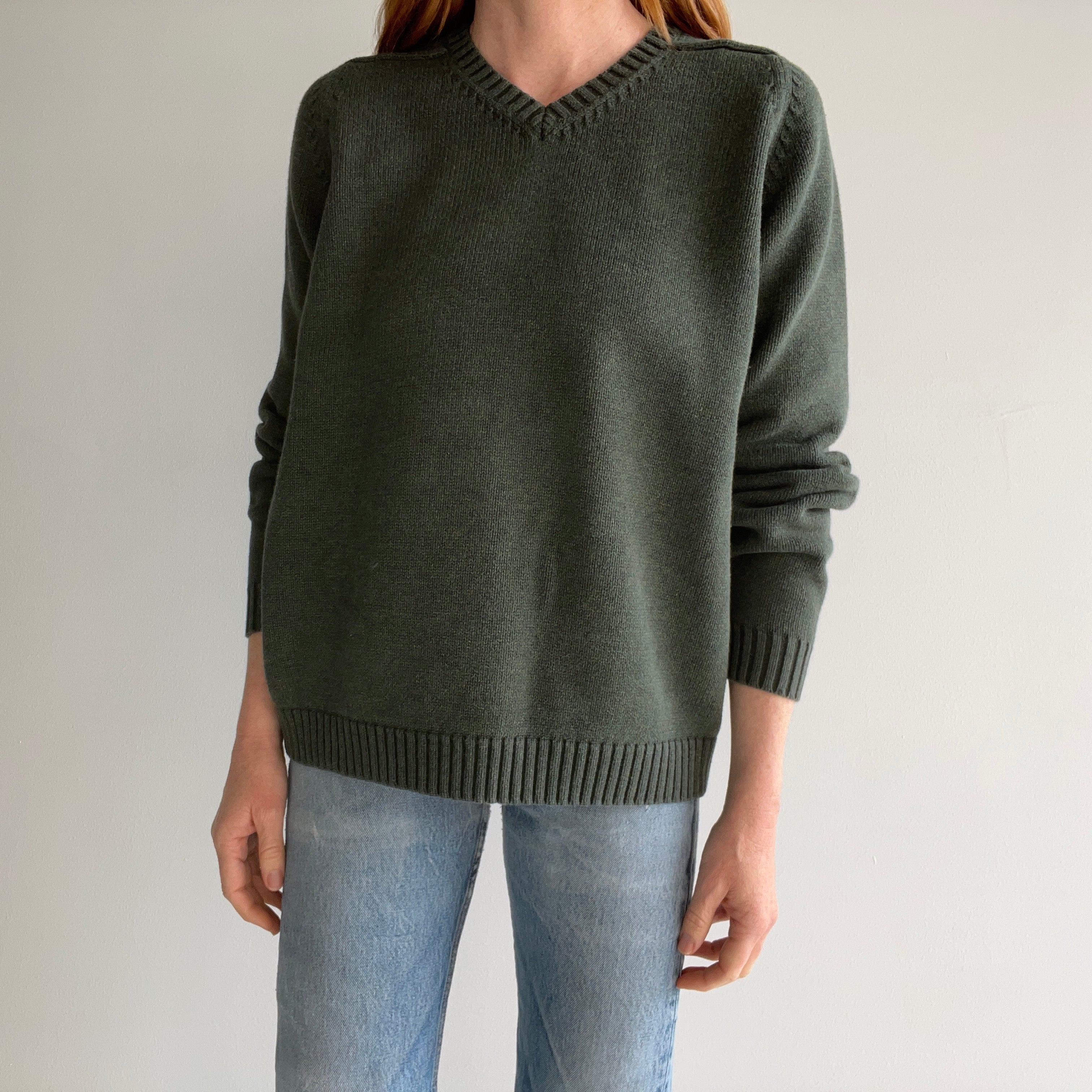 2000s Lands' End Forest Green Cotton Sweater - Made In Japan