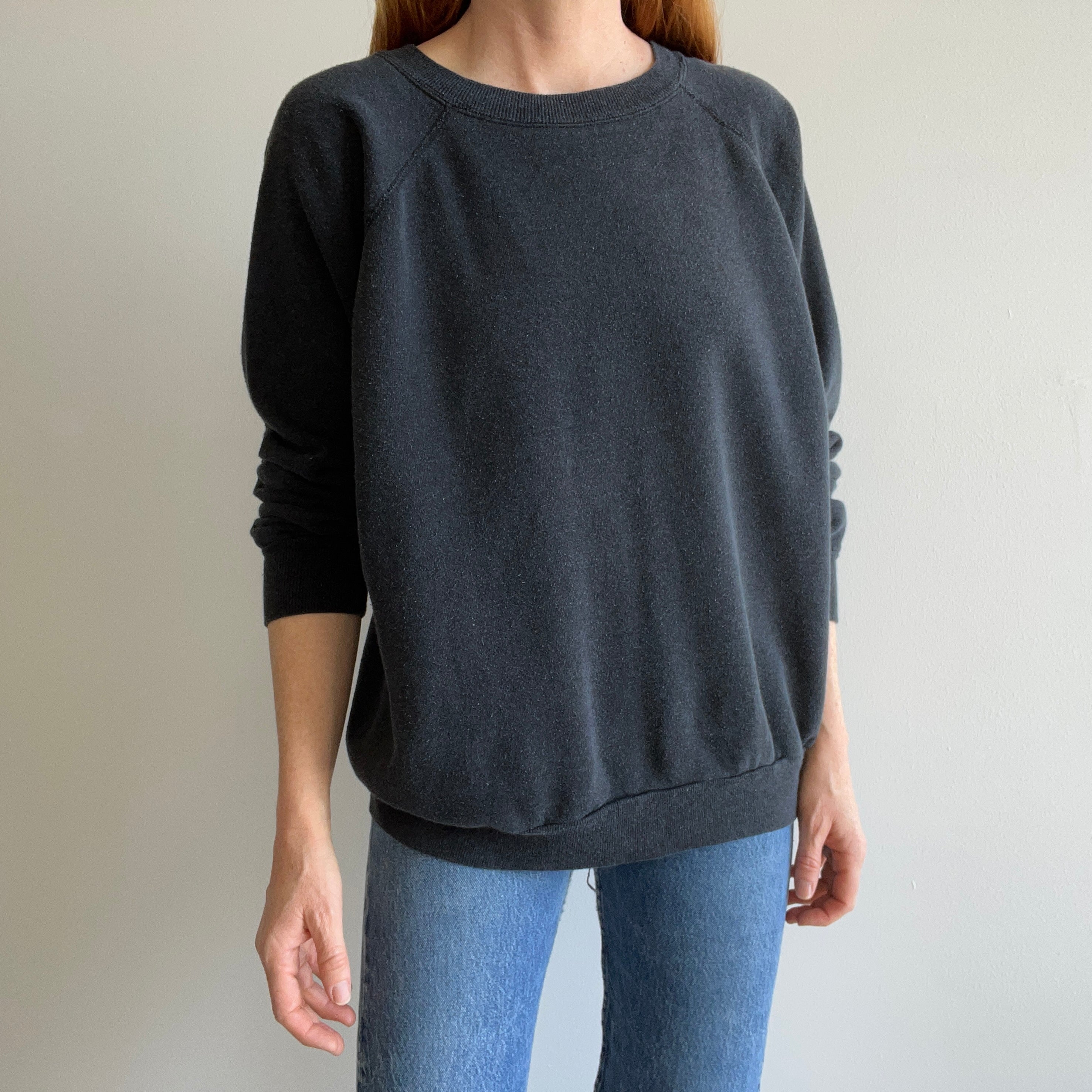 1980s Faded Black to Gray Slouchy Delight of a Raglan Sweatshirt