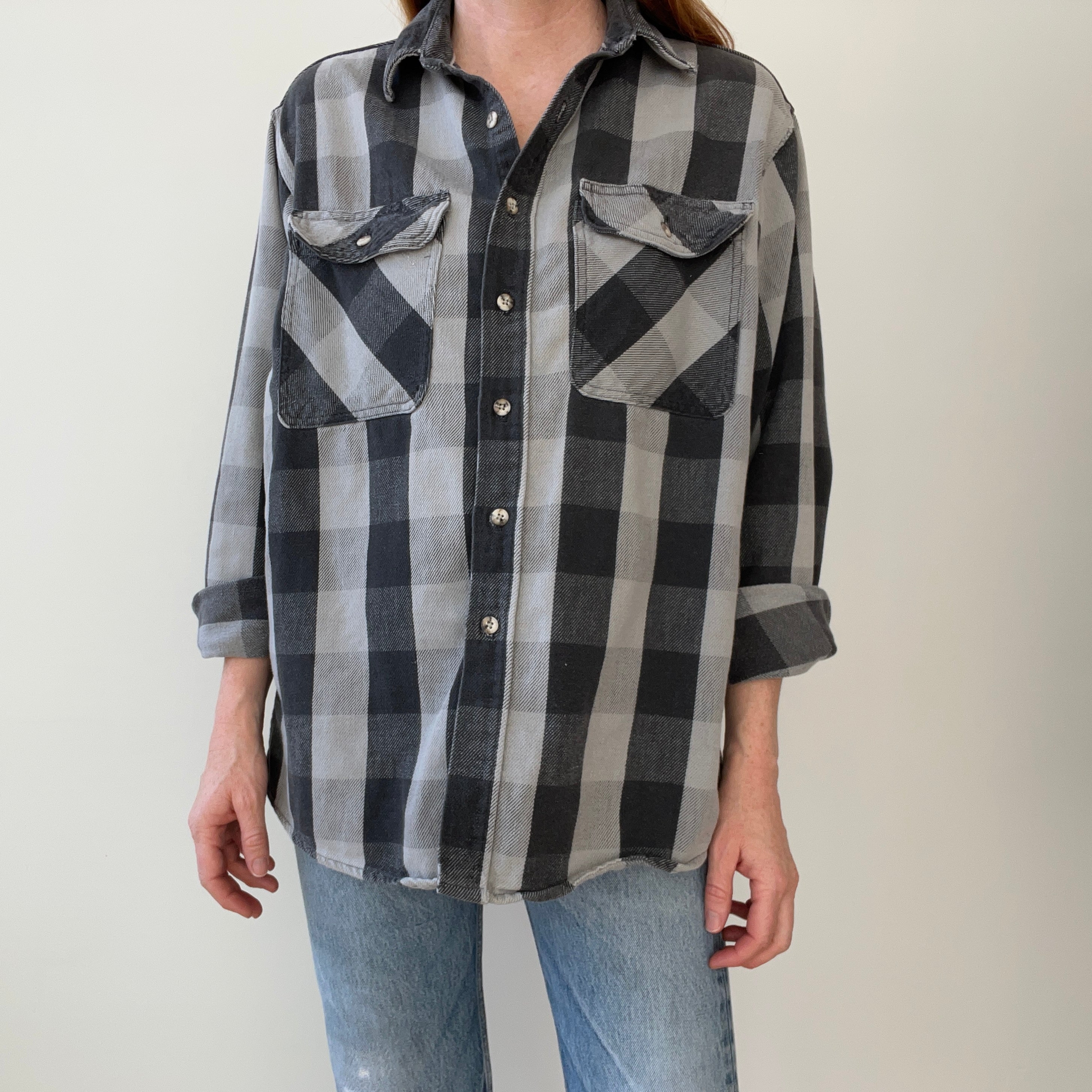 1990s USA Made Osh Kosh Gray and Black Tattered Flannel - Swoon