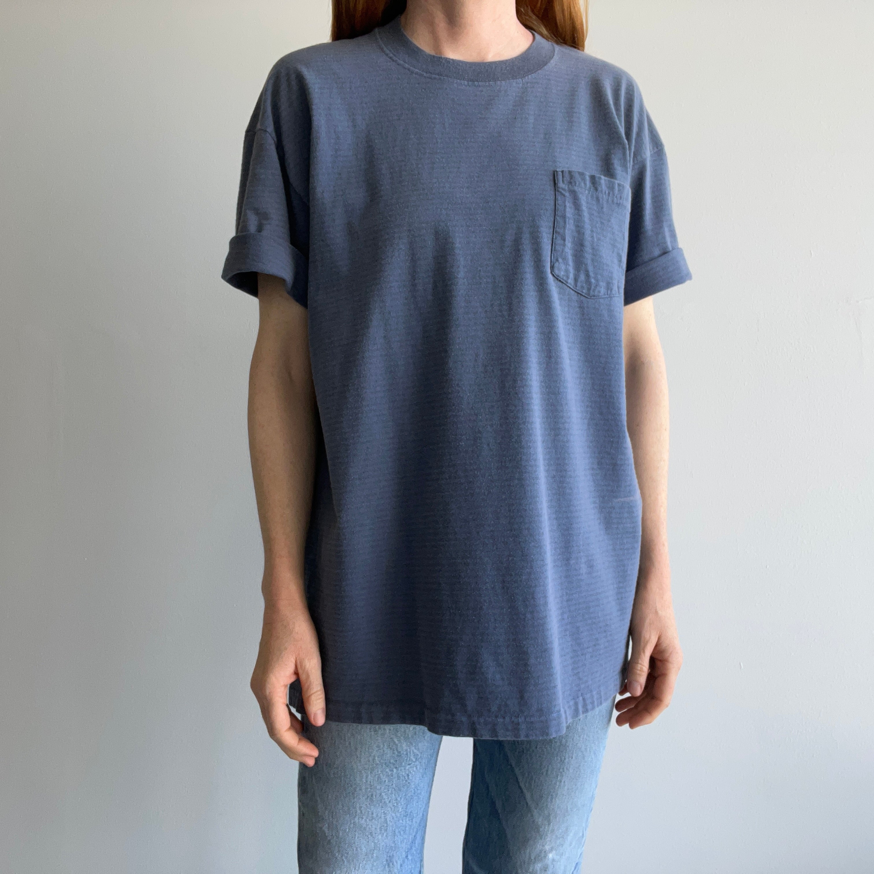 1980/90s Slate Blue Gray Striped Longer Cotton T-Shirt