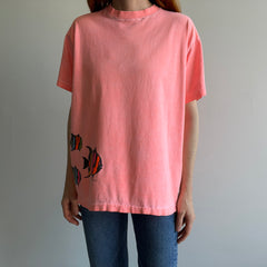 1980/90s Faded Neon Orange Fish Wrap Around Cotton T-Shirt