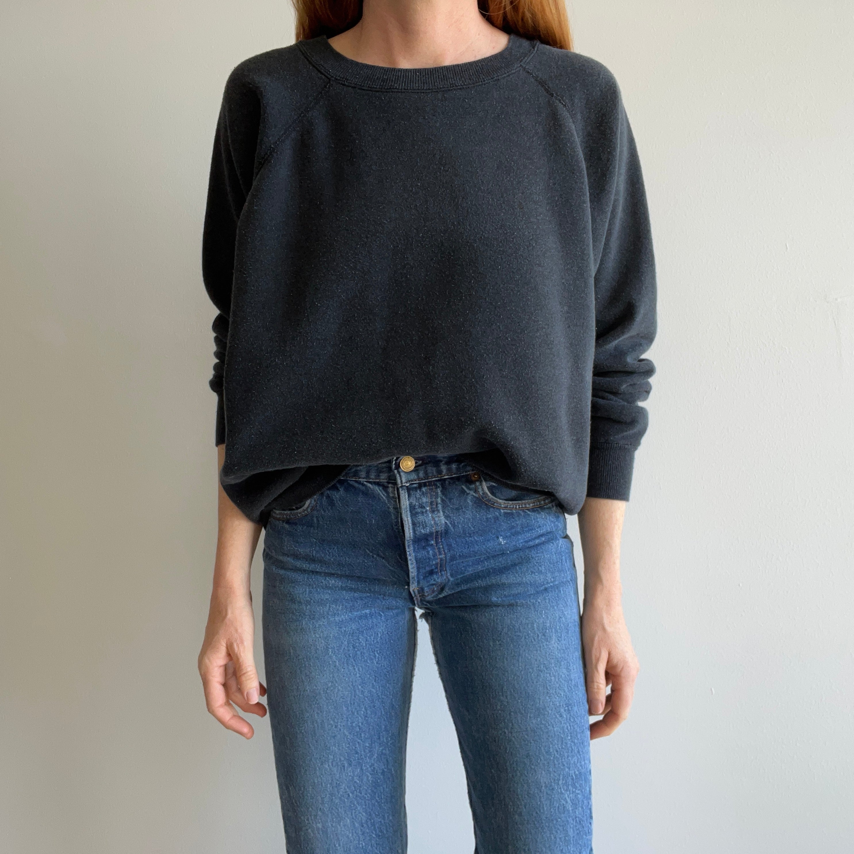 1980s Faded Black to Gray Slouchy Delight of a Raglan Sweatshirt